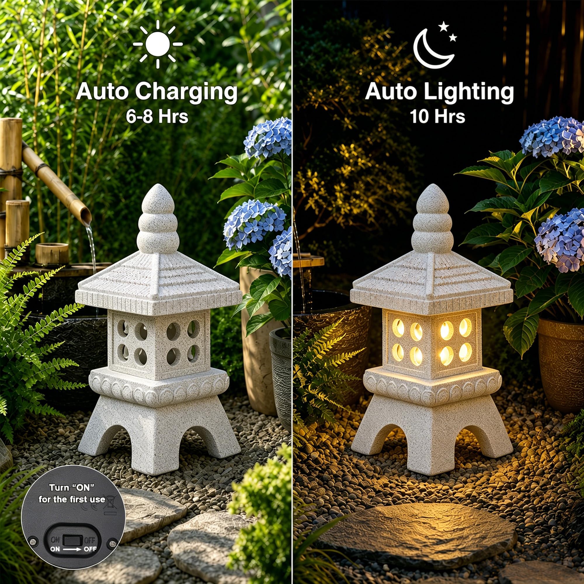 Yeomoo Pagoda solar con iluminación LED, decoración de jardín zen de piedra de resina, para jardín, terraza e interior, resistente a la intemperie, para mujeres y hombres, 29 cm