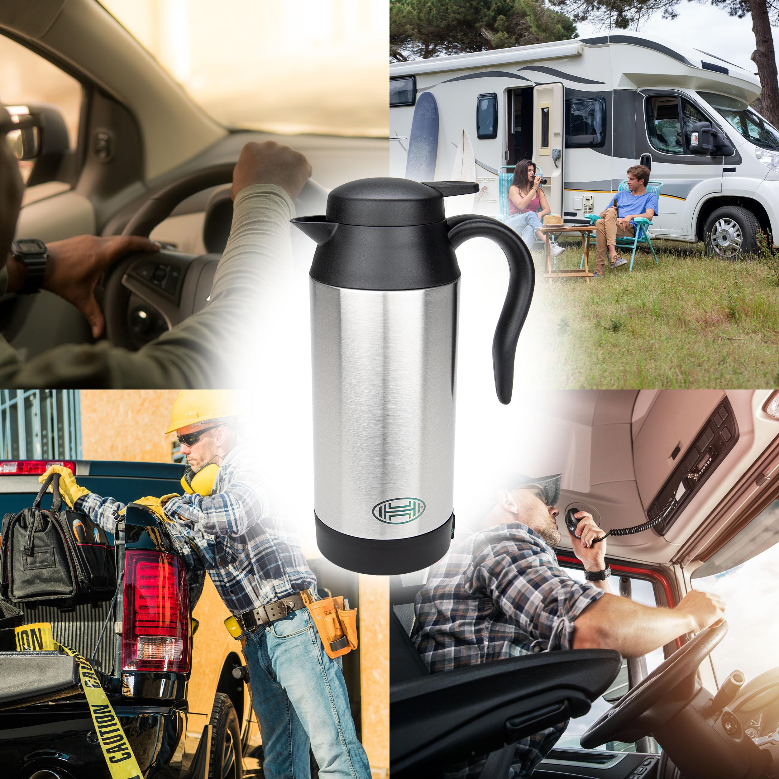 HEYNER® hervidor de agua para coche de acero inoxidable hervidor de agua de viaje función mantener caliente 750ml 12V encendedor de cigarrillos