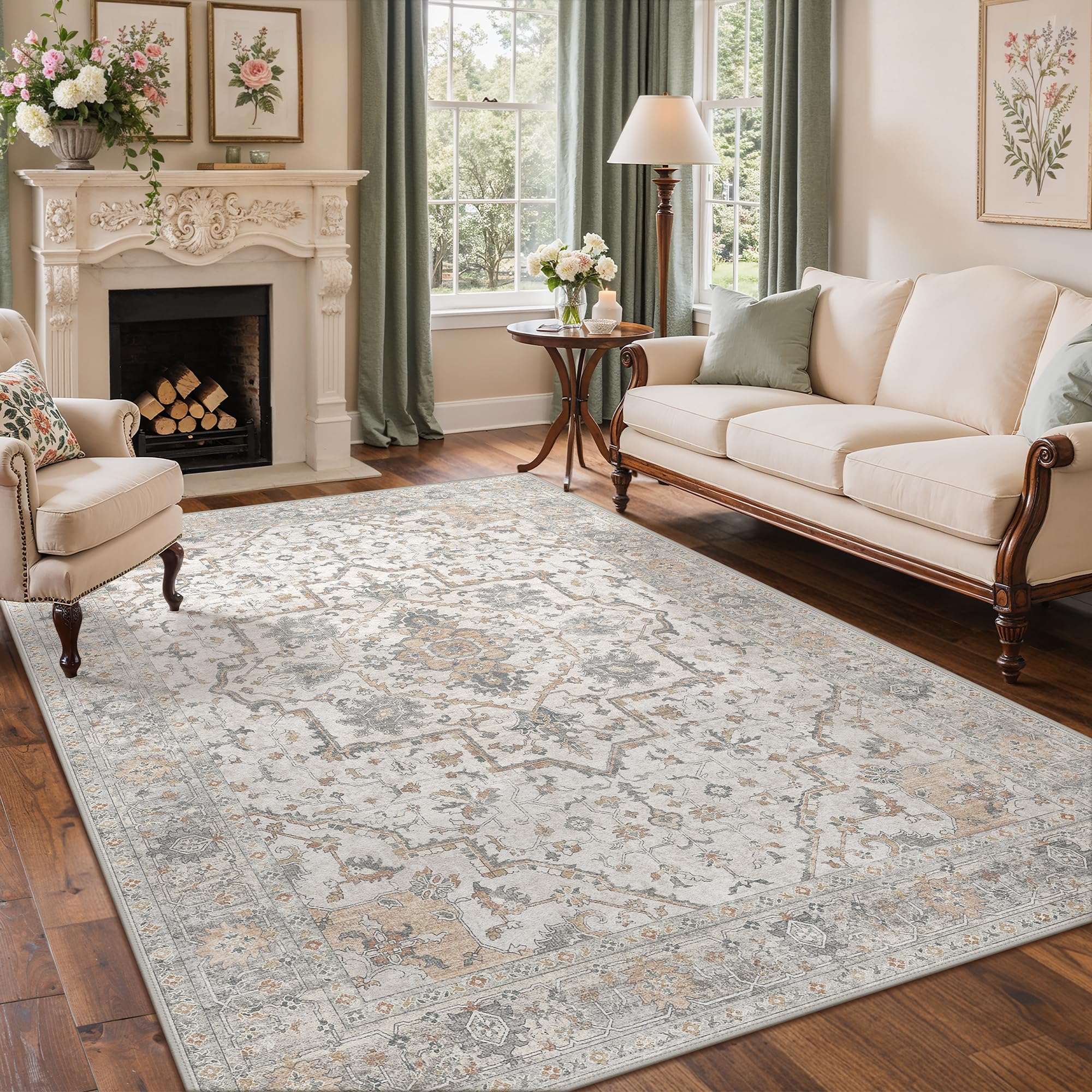 BEIMO Washable Rugs Living Room 200x290cm, Vintage Area Rugs for Bedroom Soft Short Pile, Machine Washable Rug Non-Slip Large Rugs for Living Room, Dining Room, Terracotta and Muted Grey — image 1