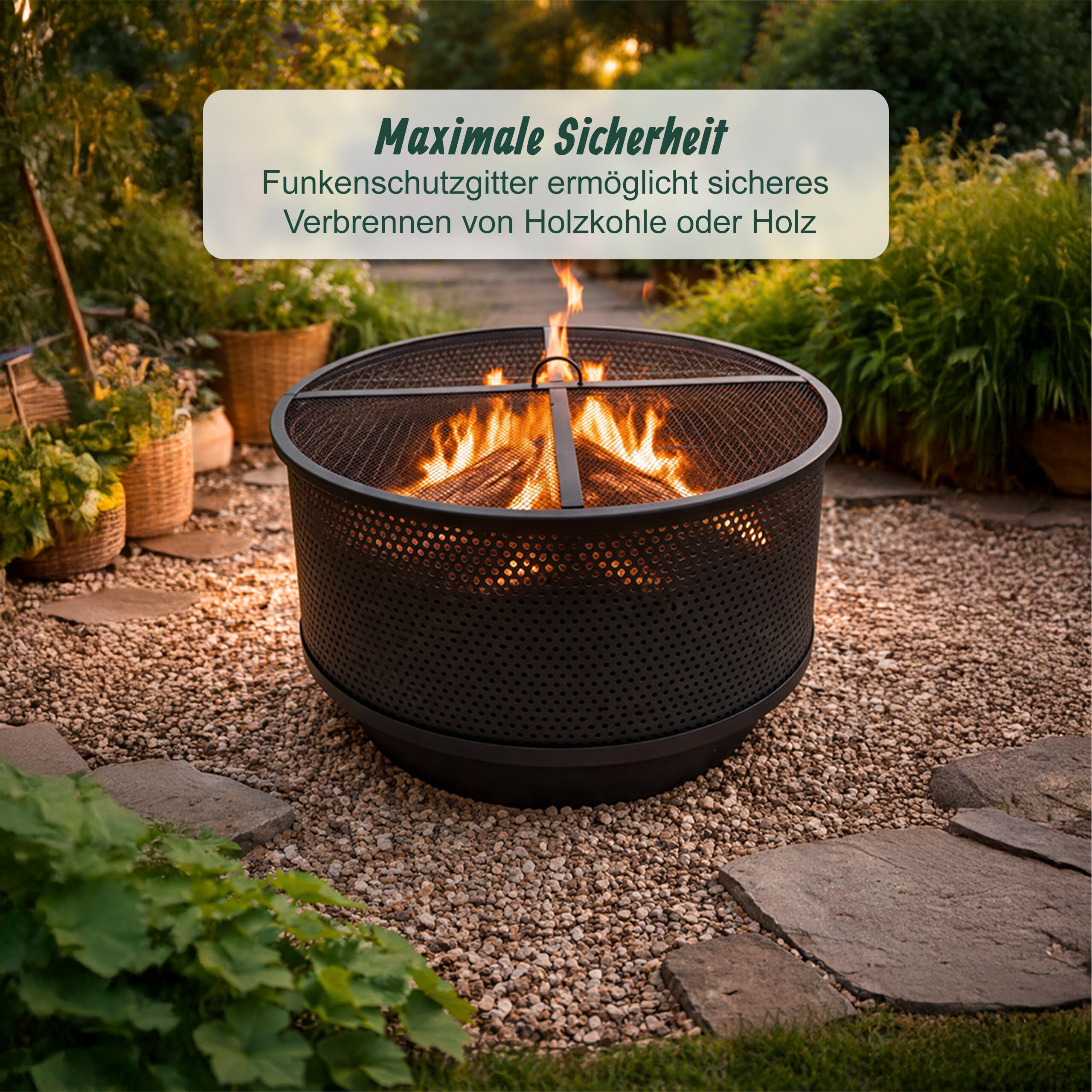 Relaxdays Feuerschale, Ø 61 cm, mit Grillrost, Funkenschutz & Schürhaken, 3 in 1 Feuerstelle Garten, Feuerkorb, schwarz