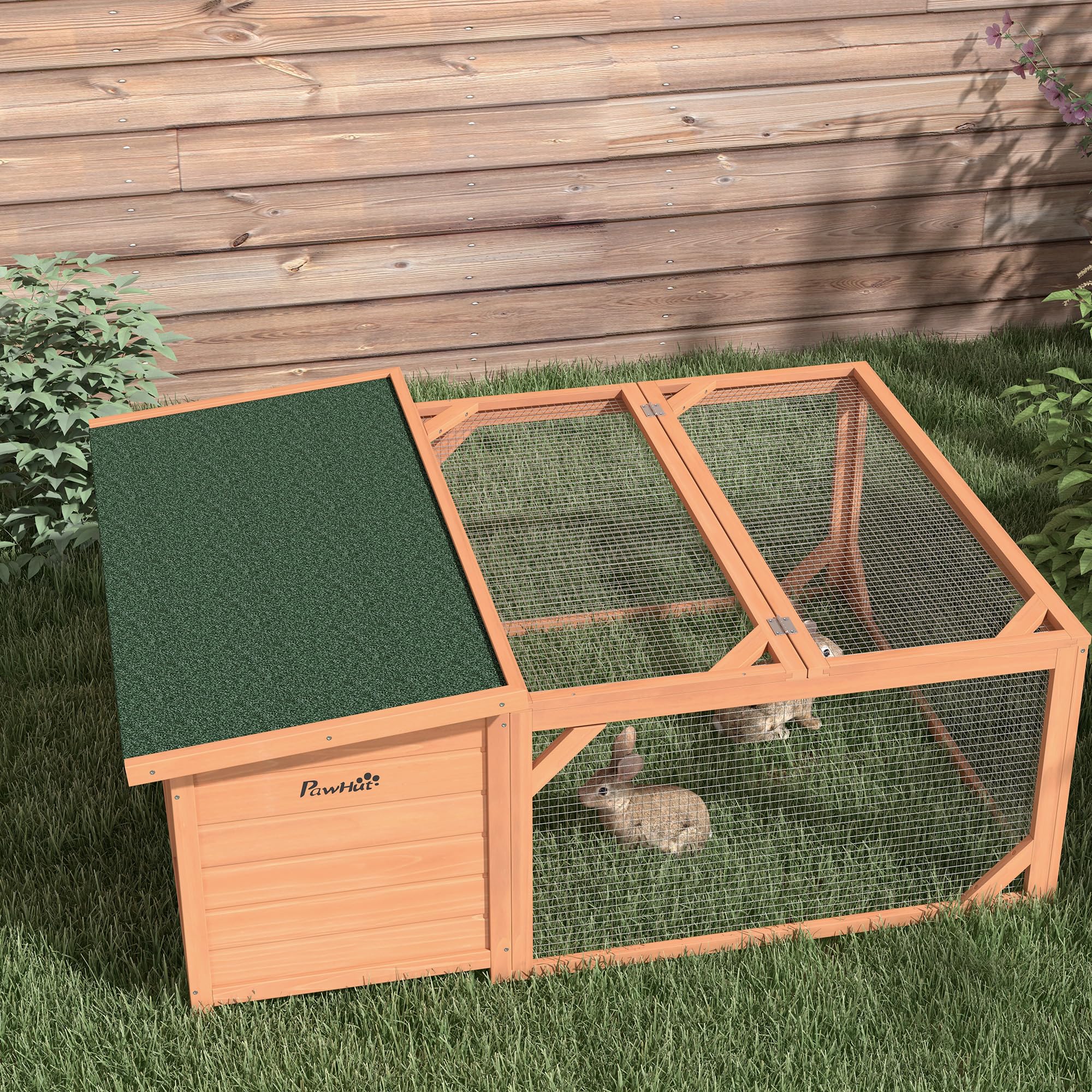 PawHut Conigliera da Esterno e Interno in Legno con Casetta per Conigli e Area Aperta Recintata, 125.5x100x49cm, Arancione