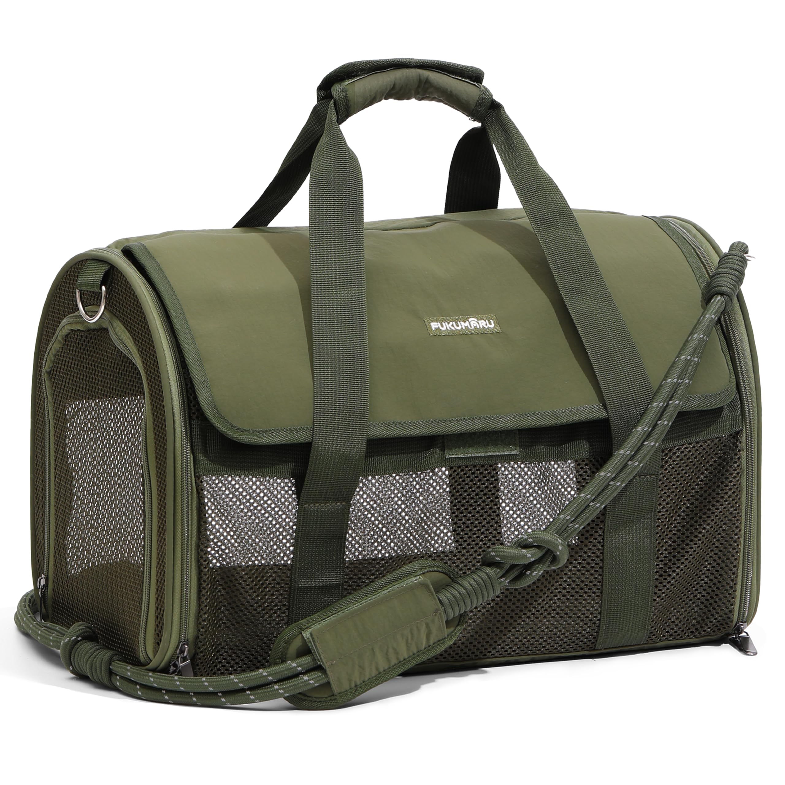 FUKUMARU transportín para Gatos y Perros, pequeño, Ligero y Transpirable, 46 x 28 x 28 cm, homologado para Viajar en Cabina, Plegable y Blando, con Malla antirrascado, Color Verde