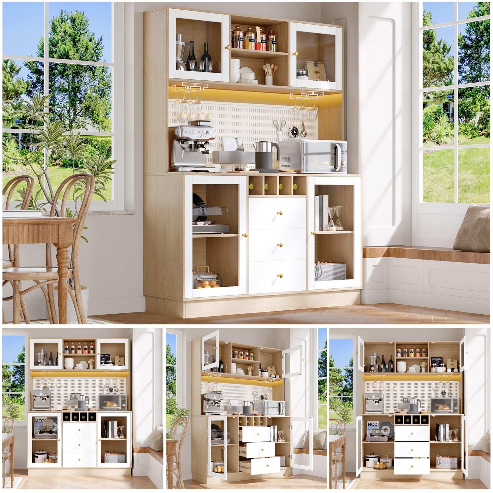 Hochschrank, Küchenschrank mit Smart LED Beleuchtung, fürs Wohnzimmer, Seitenschrank mit Weinregal und Kippsicherung, Verstellbare Einbauregale, Weiß