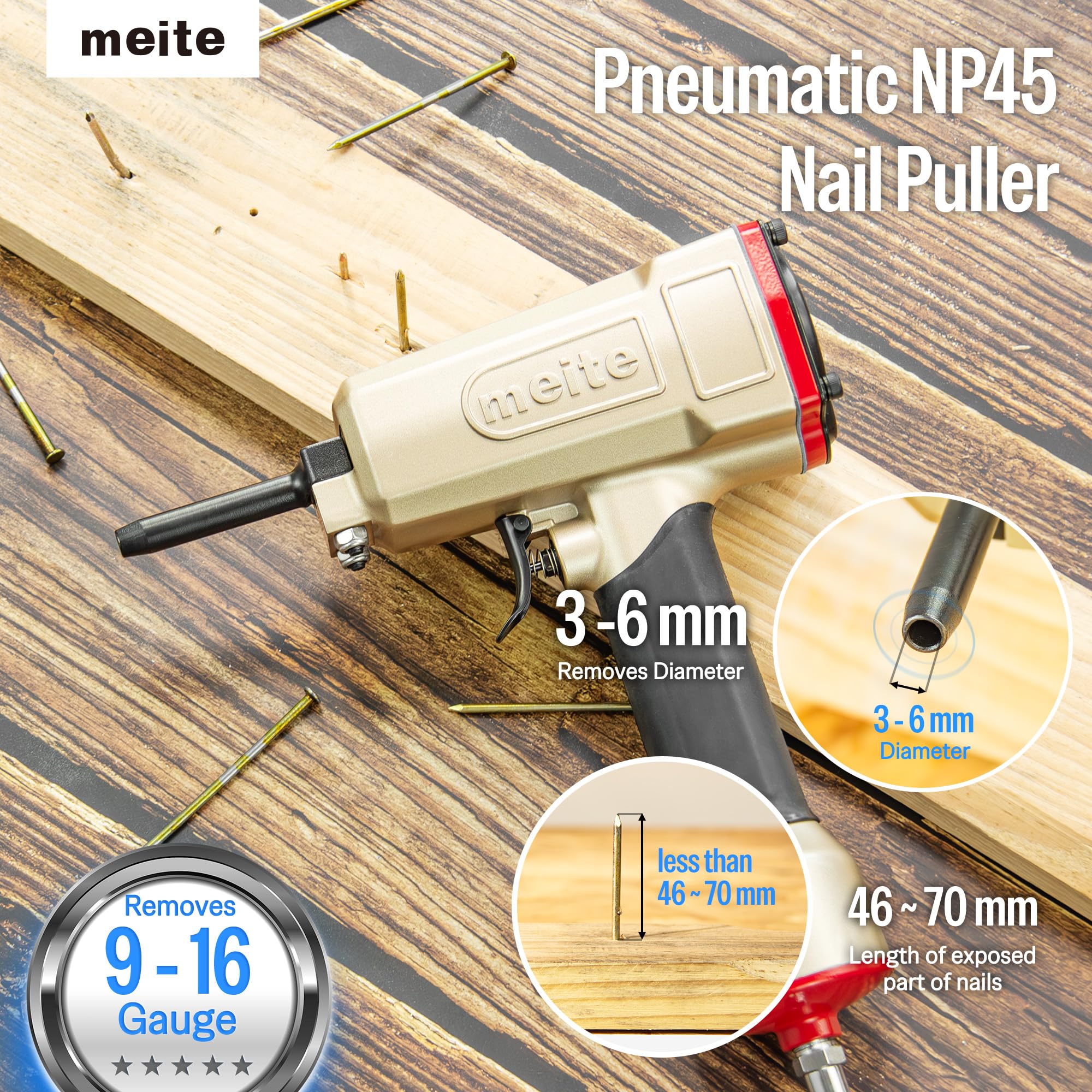 meite NP45 Extracteur d'ongles pneumatique professionnel très résistant pour denailler et recycler le bois, supprime les clous de calibre 9 à 16/6 mm de diamètre