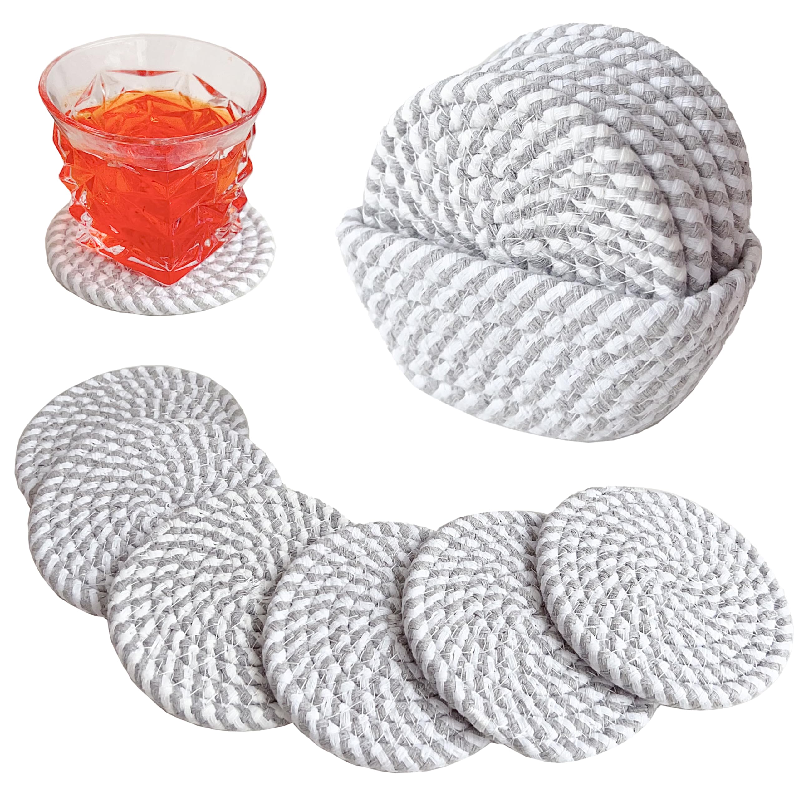 ValdiviaBoho Drink Coasters with Storage Basket, Handmade Woven Cotton Absorbent Coaster Set of 6, Farmhouse Coasters and Minimalist Home Coffee Table Decoration, Housewarming Gifts New Apartment