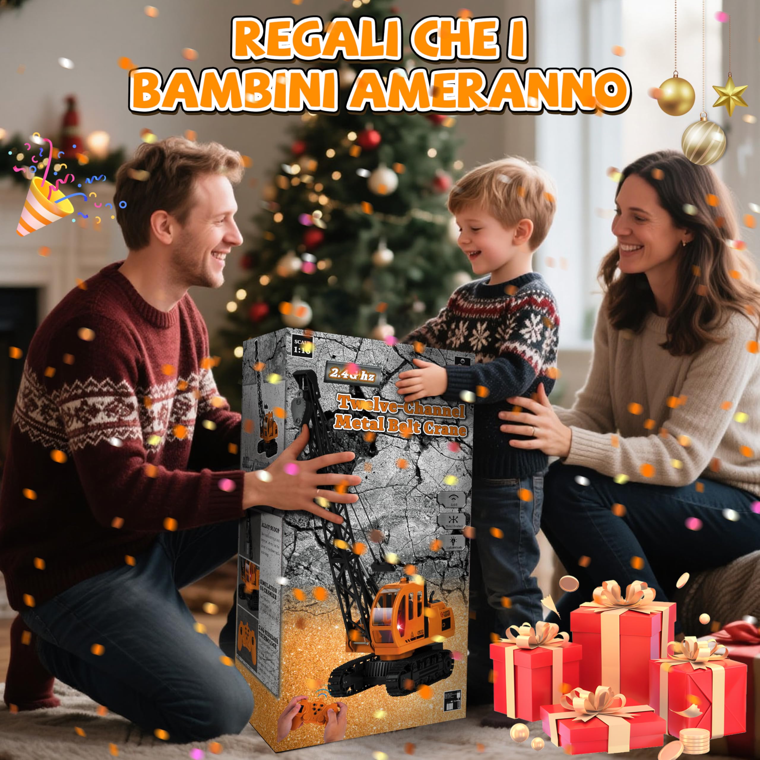Joellfuner 1:14 Grue Gru Giocattolo per Bambinis, 2,4G Gru Telecomandata avec Lumières et Sons, Grande Grue RC con 2 Utensili, Cadeau pour Garçons de 3 à 12 Ans (Extra Grande)