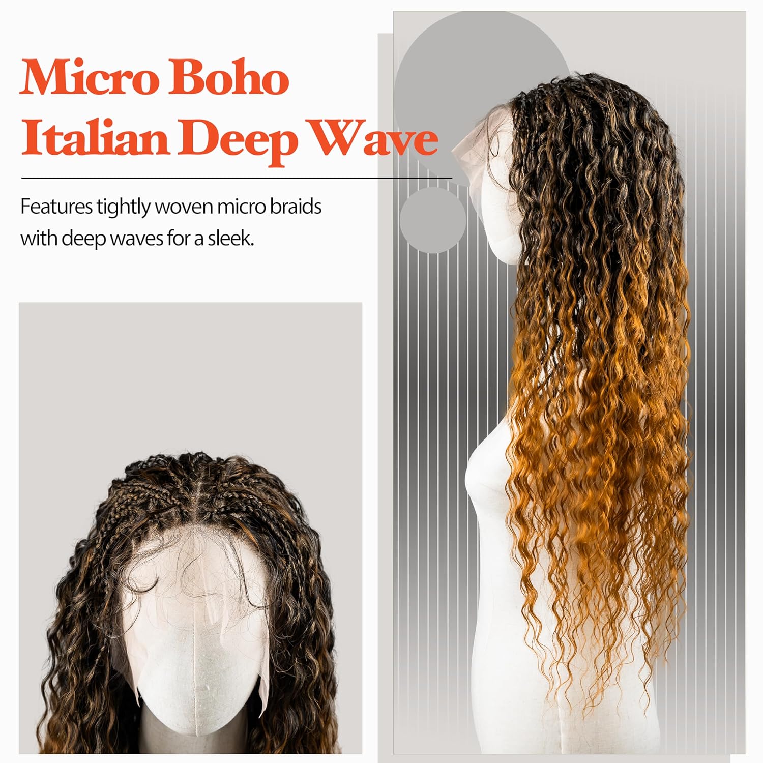 Micro Boho Italian Deep Wave Box Braided Wig - Knotless Braided Wigs for Black Women - Curly Hair Wig with Natural Baby Hair - Full Lace 360 Wig (#1B118 Off Black and Burgundy, 32")