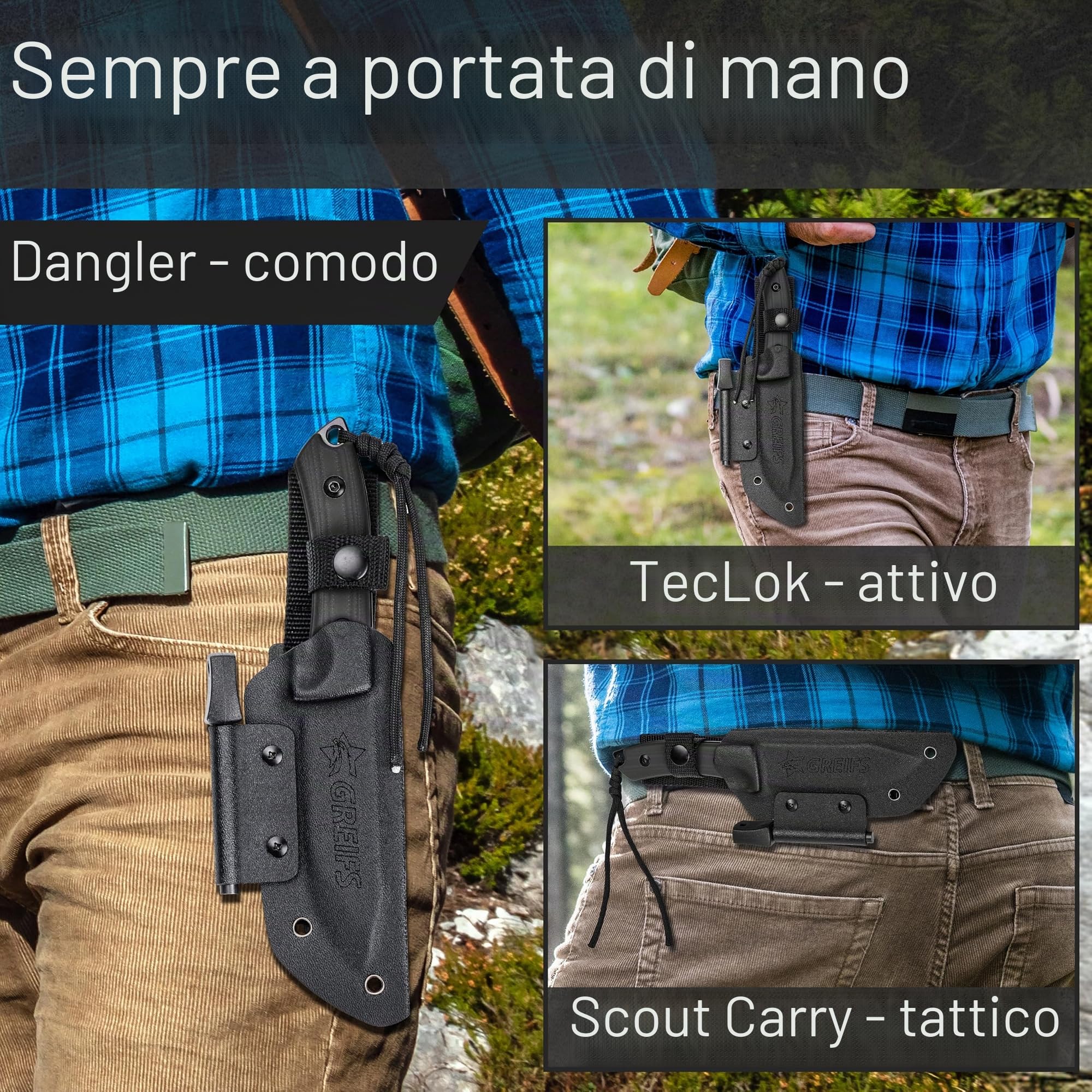 GREIFS® Coltello da esterno in acciaio D2 con fondina Kydex e acciarino, elegante coltello di sopravvivenza per attrezzature Bushcraft, coltello da caccia, coltello da intaglio (Milan/nero)