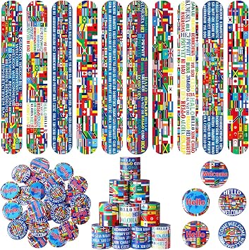 Outus 60 Pcs International Flags of The World Party Favors: 30 Around The World Slap Bracelets, 30 Button Pins, Country Flags International Party Favor Globe History Classroom Decorations Supplies