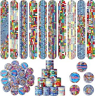 Outus 60 Pcs International Flags of The World Party Favors: 30 Around The World Slap Bracelets, 30 Button Pins, Country Flags International Party Favor Globe History Classroom Decorations Supplies