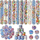 Outus 60 Pcs International Flags of The World Party Favors: 30 Around The World Slap Bracelets, 30 Button Pins, Country Flags International Party Favor Globe History Classroom Decorations Supplies