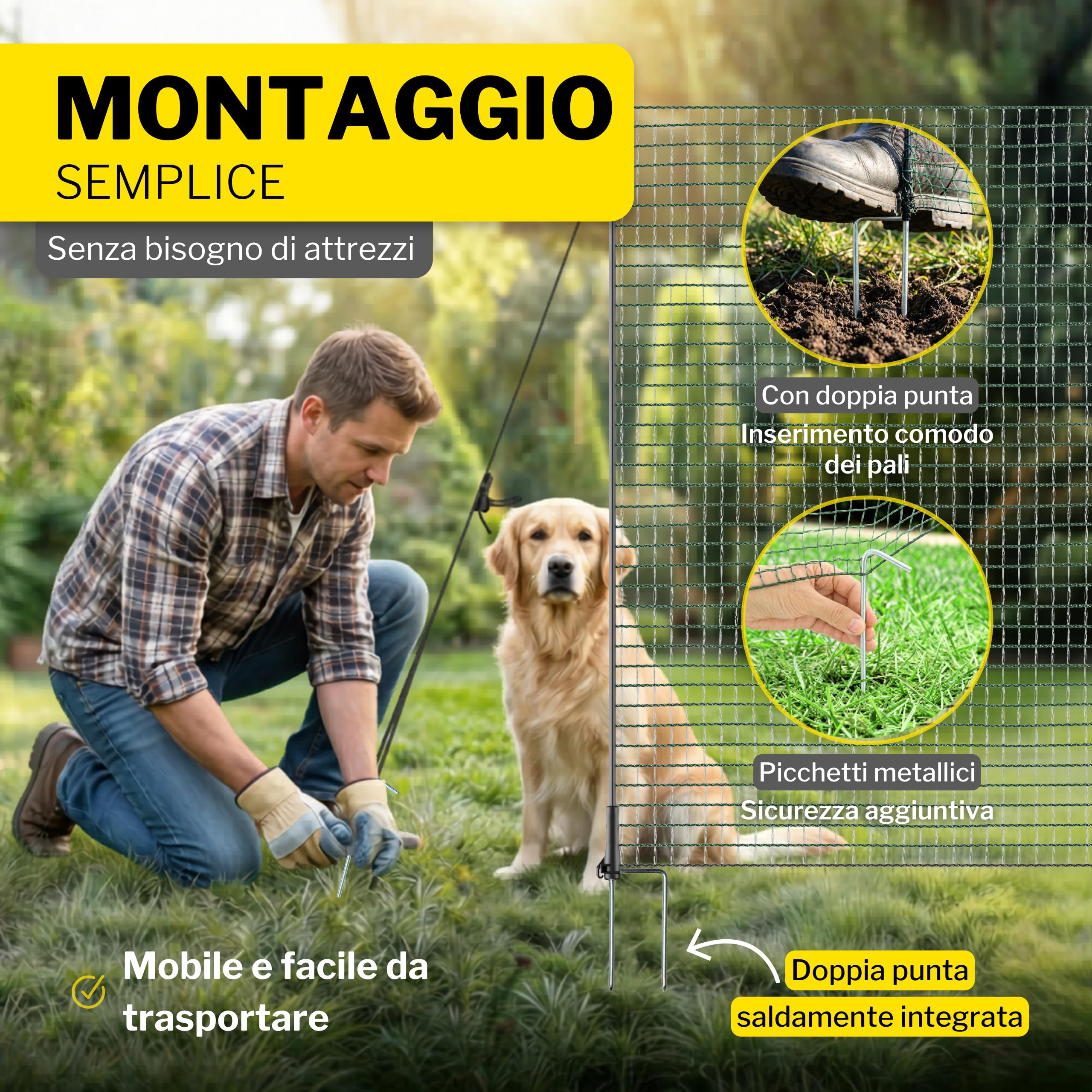 Horizont Hundezaun 15 m x 90 cm, 9 Pfähle, engmaschig – Begrenzungszaun, mobiler Zaun für Hunde & Camping