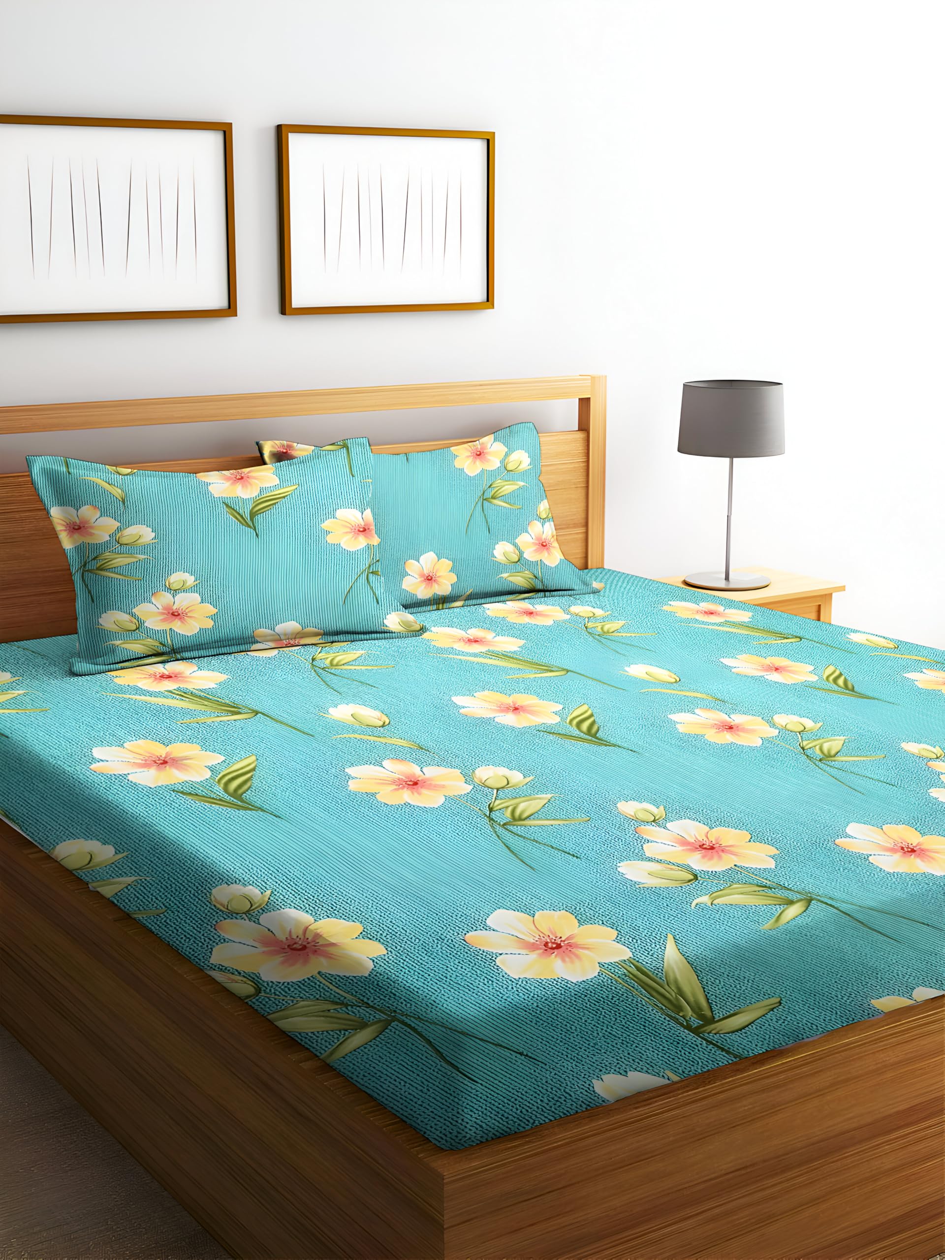 STARNSTYLE Polycotton 220 TC Floral Printed King Size Double Bedsheet with 2 Pillow Covers, (90 x 90 Inches, Themis