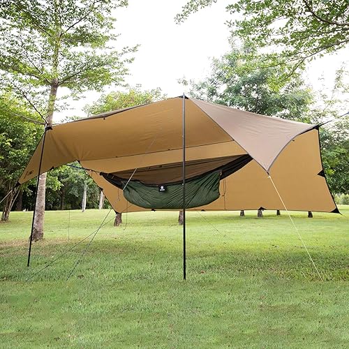 Vista 8 de OneTigris BULWARK - Lona de campamento, refugio de bushcraft 100% impermeable, hamaca ligera, portátil, anti UV, grande, 12.8 pies x 9.5 pies