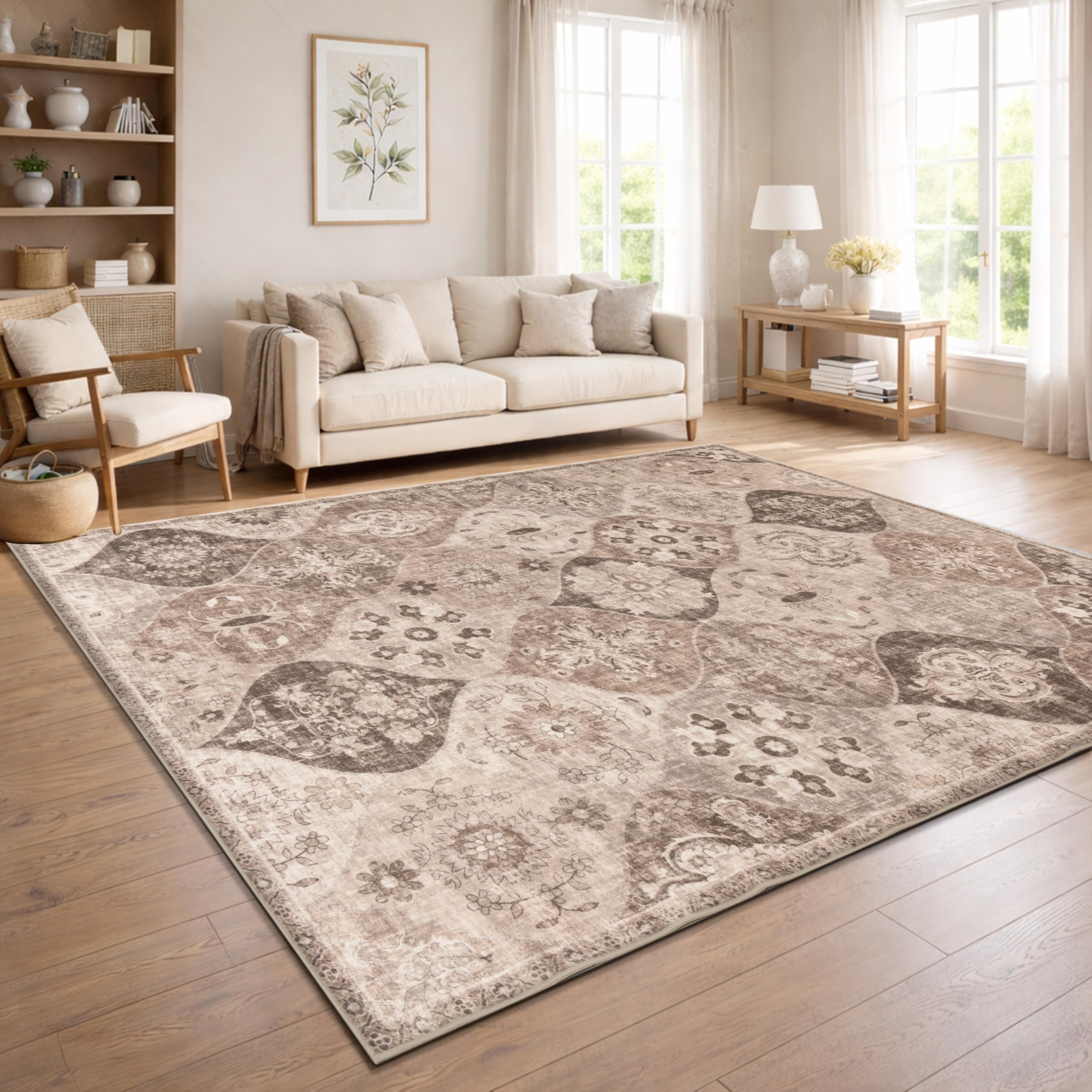 Paco Home Vintage Wohnzimmerteppich Kurzflor Boho Stil Waschbar & rutschfest pflegeleicht modernes Retro Design, Farbe:Taupe, Größe:240x340 cm
