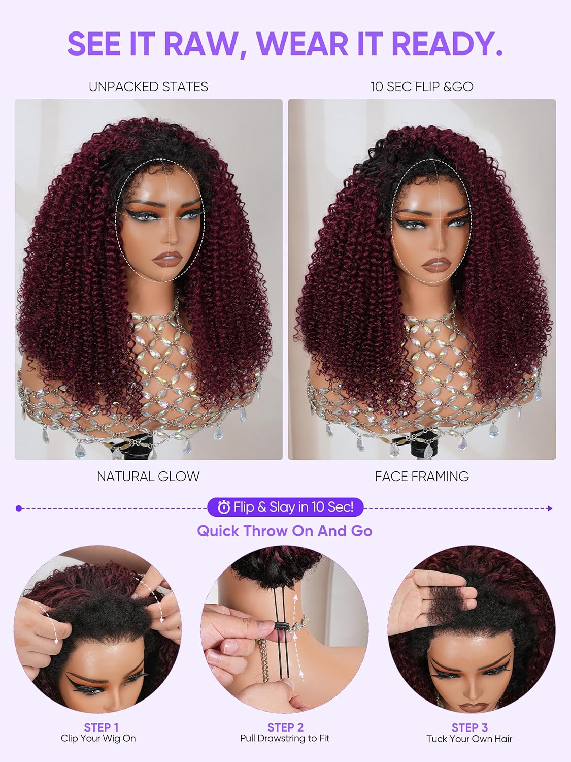 12" Kinky Curly Half Wig Human Hair Burgundy & Dark Roots | Seamless 4C Hairline | Flip-Over Drawstring | True Length | 3-in-1 Styling | Gym-Proof (T1B/99J)