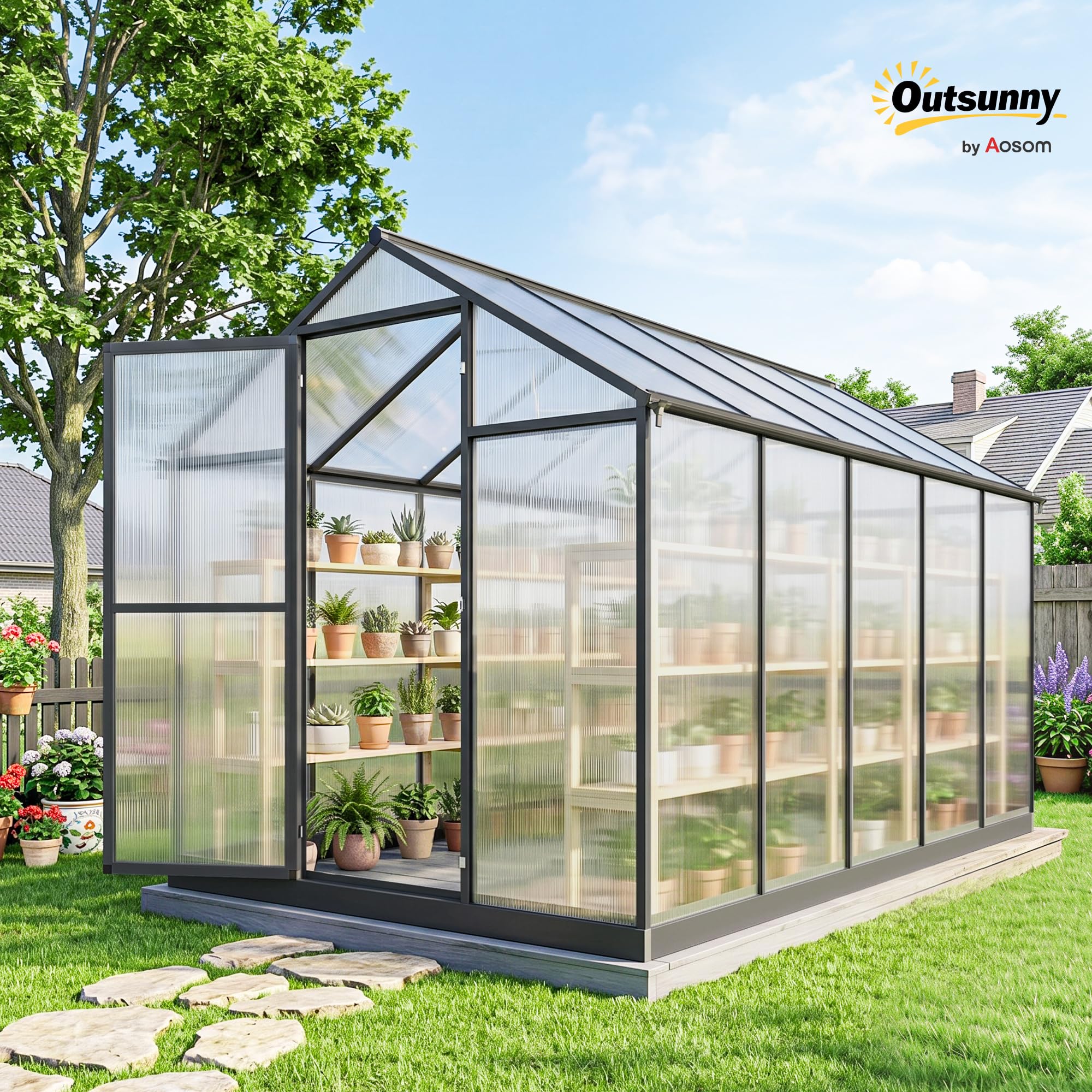 Outsunny Serre de Jardin en Aluminium Polycarbonate, Serre avec fenêtres supérieures réglables, Porte battante, abri extérieur résistant aux intempéries pour Plante Fleur, 303x183x195 cm, Transparent