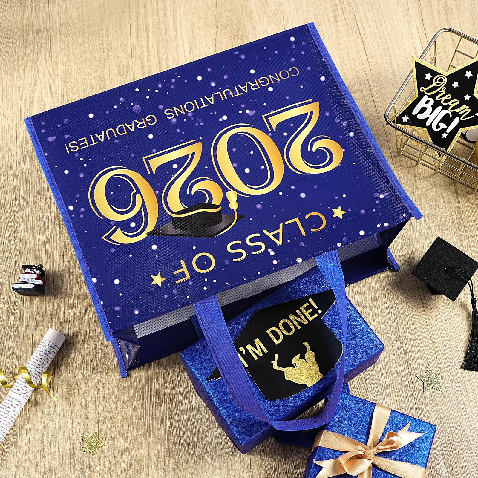 WRAPAHOLIC Large Reusable Graduation Gift Bag with Handles - 10 x 5 x 13 inch - Gold Foil 2026 Graduate Gift Bag