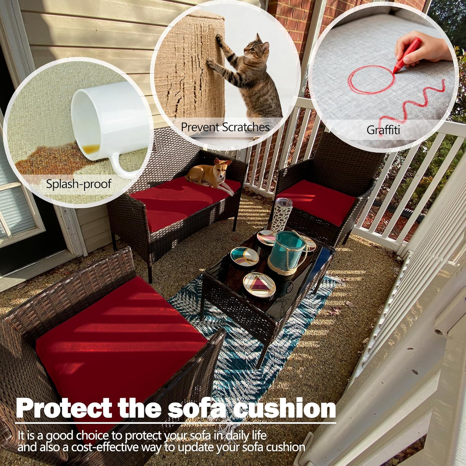 3 Pack Outdoor Cushion Covers Replacement, Waterproof Patio Seat Cushion Cover Fit for 4-Seater Wicker Rattan Conversation Set Loveseat Chair Couch Furniture, Cover Only, 38x19x2,19x19x2,Burgundy