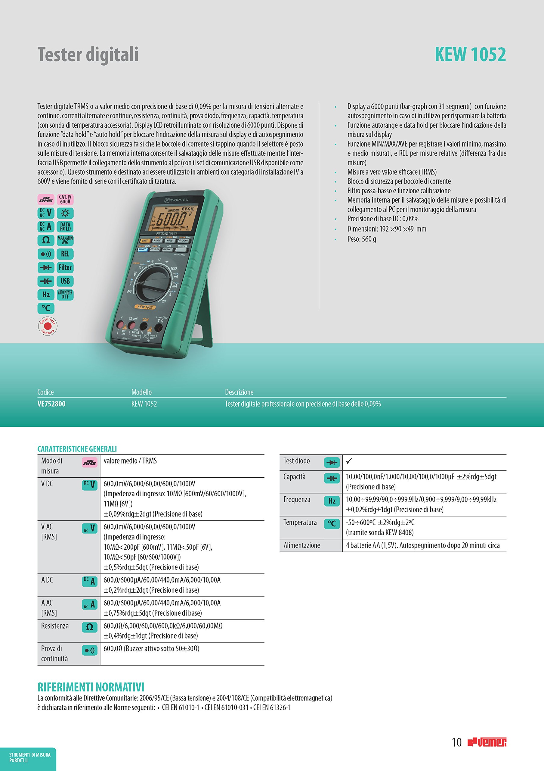 Kyoritsu Kew 1052 mutlimetro Digital TRMS/Valor Medio con Gran Precisión para la tamaño de tensioni AC/DC, Corriente AC/DC, resistencia, continuidad, prueba diodo, Capacidad, Frecuencia, Gris