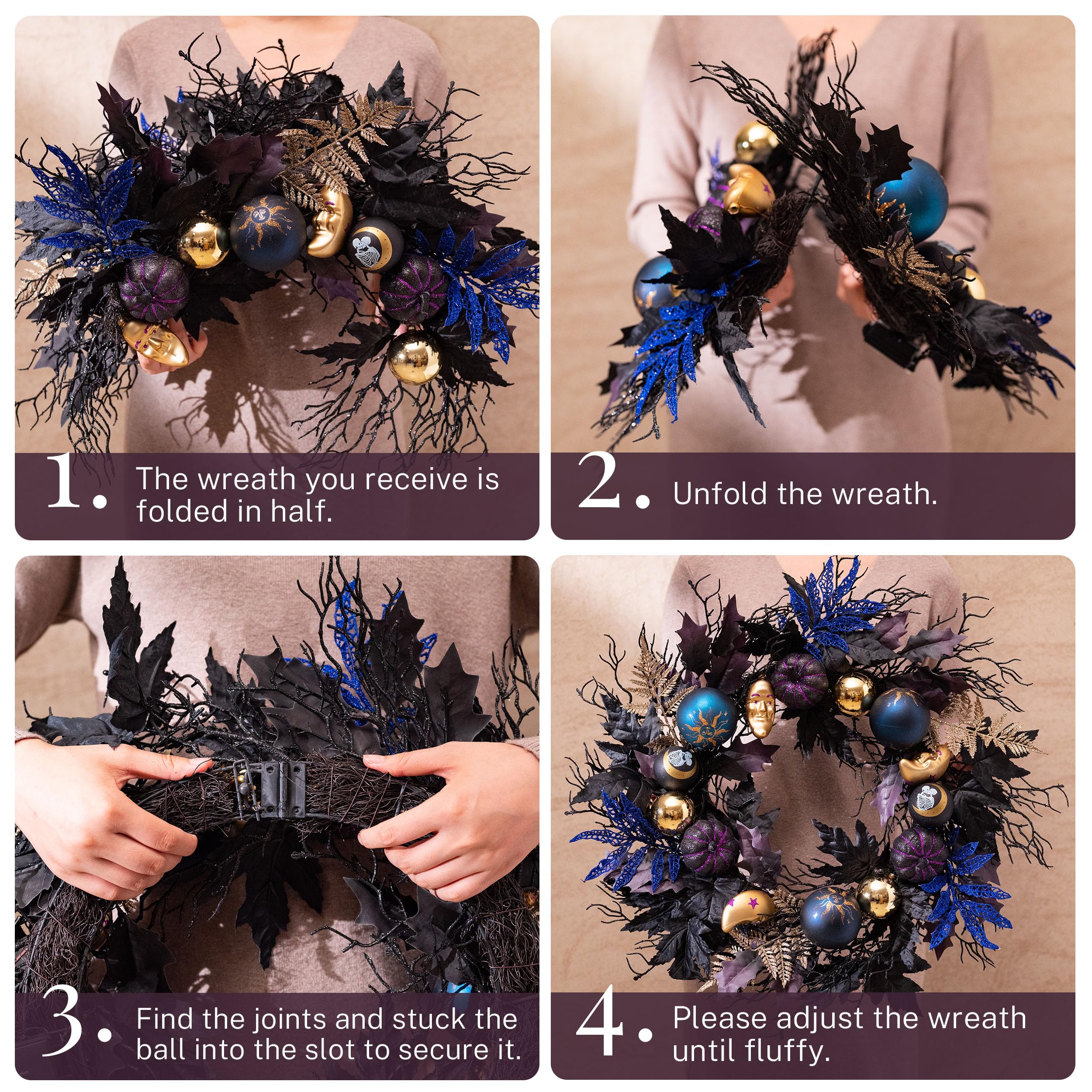 Decorbyhannah - Corona de Navidad plegable, coronas de Navidad para puerta delantera con luces, arrecife artificial para interiores y exteriores, adornos de piña para ventana de mesa (negro y blanco)