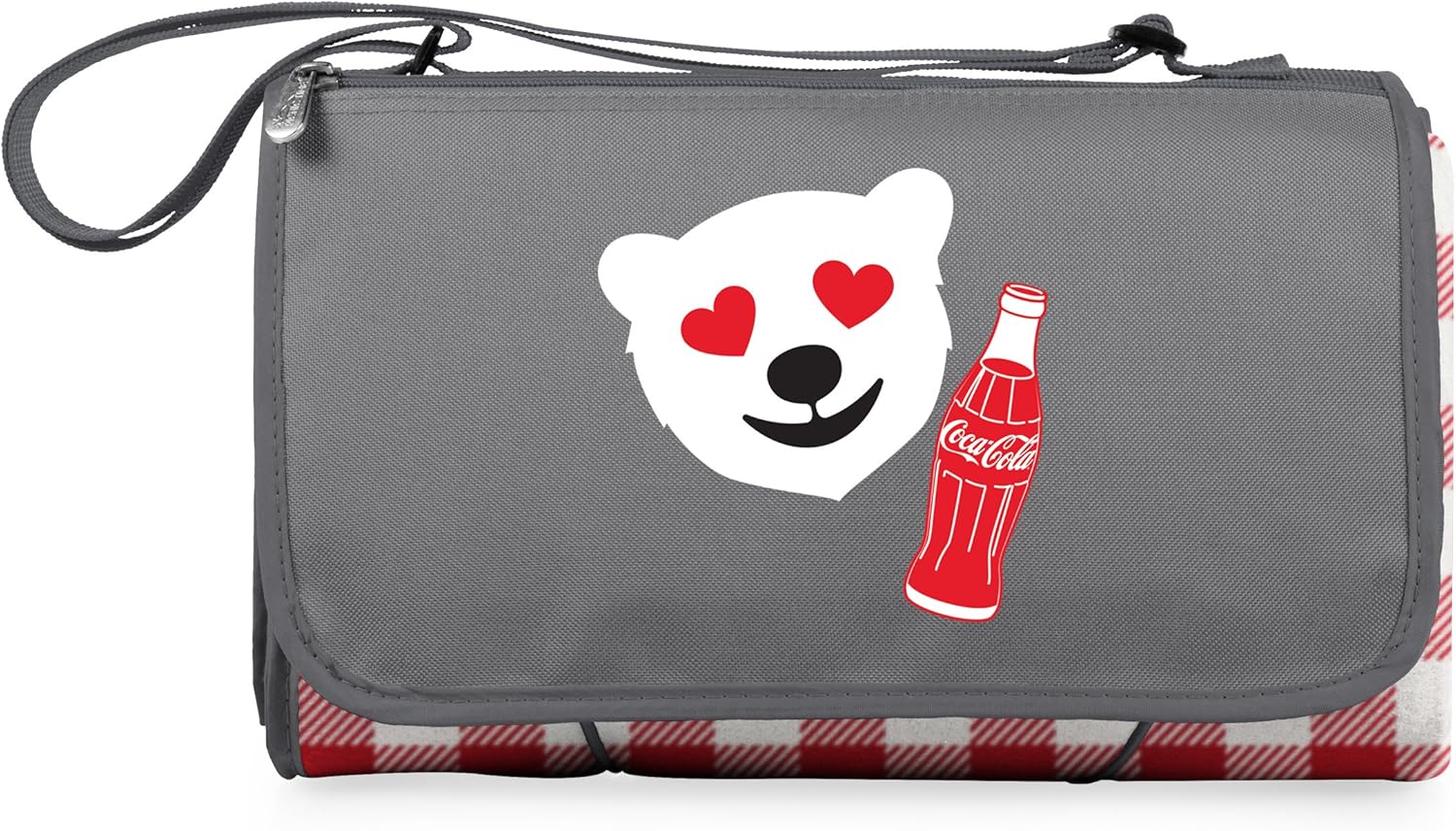 PICNIC TIME Coca-Cola Emoji Blanket Tote Picnic Blanket, Folding Outdoor Beach and Camping Blanket with Carry Tote and Zipper Pocket, Water Resistant Fleece, (Red and White Gingham with Gray Flap)