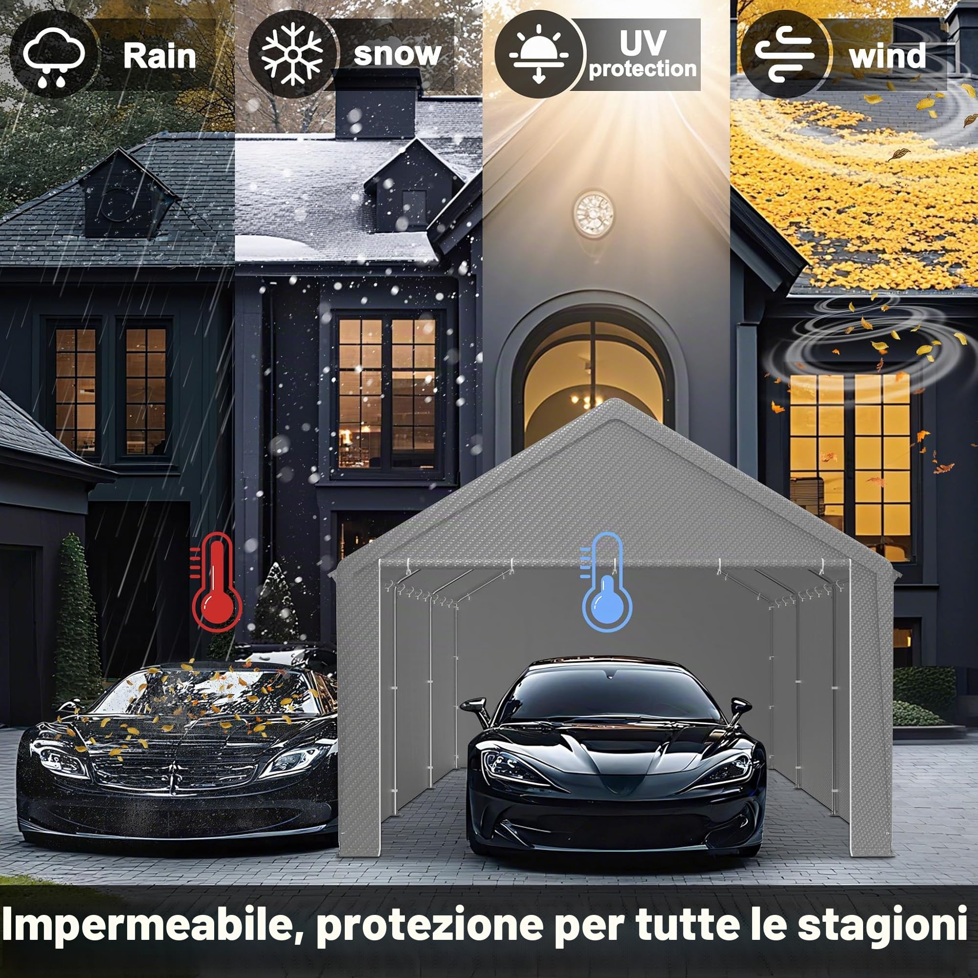 UISEBRT Tenda da magazzino, 4 x 6 m, impermeabile, con robusto telone in PE e telaio in acciaio, ideale come garage per attrezzi, attrezzi da giardino, pallet (grigio)