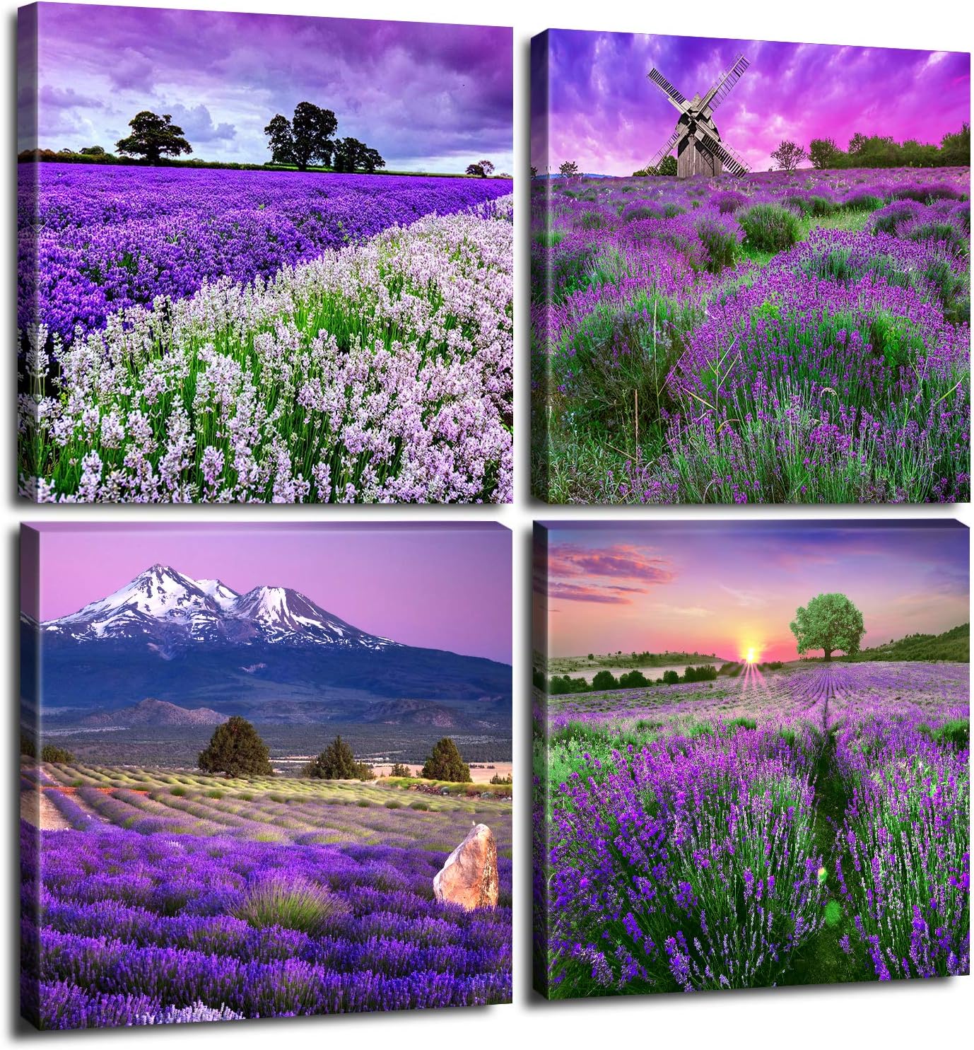 Purple Wall Art Lavender Bathroom Purple Wall Decor Nature Mountain Landscape Pictures for Living Room France Provence Canvas Prints Painting Flower Scenery Poster Bedroom Home Decorations 12x12" 4Pcs