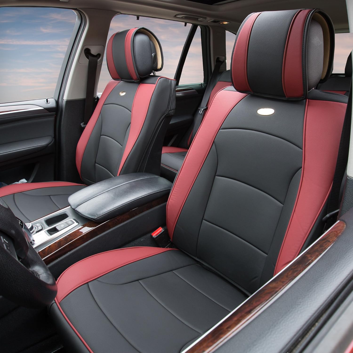 FH Group Ultra Comfort Highest Grade Faux Leather Seat Cushions for Front Set with Gift – Universal Fit for Cars Trucks & SUVs (Burgundy/Black)