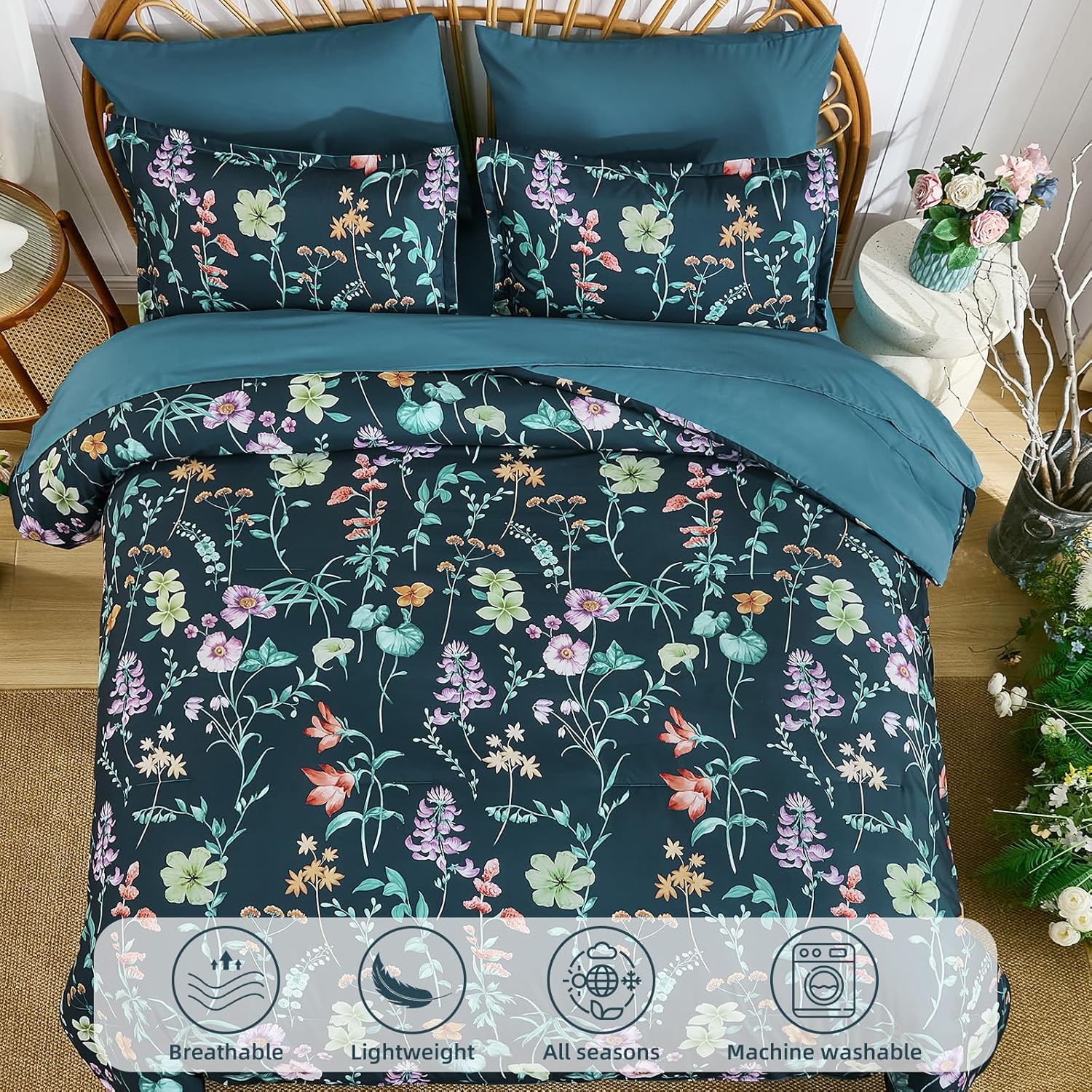 DJY Floral Comforter Set Queen Size,Peacock Blue Botanical Bedding Comforter Sets,7 Pieces Bed in a Bag Lightweight Microfiber Comforter Set with Sheets Pillowcases & Shams for All Seasons
