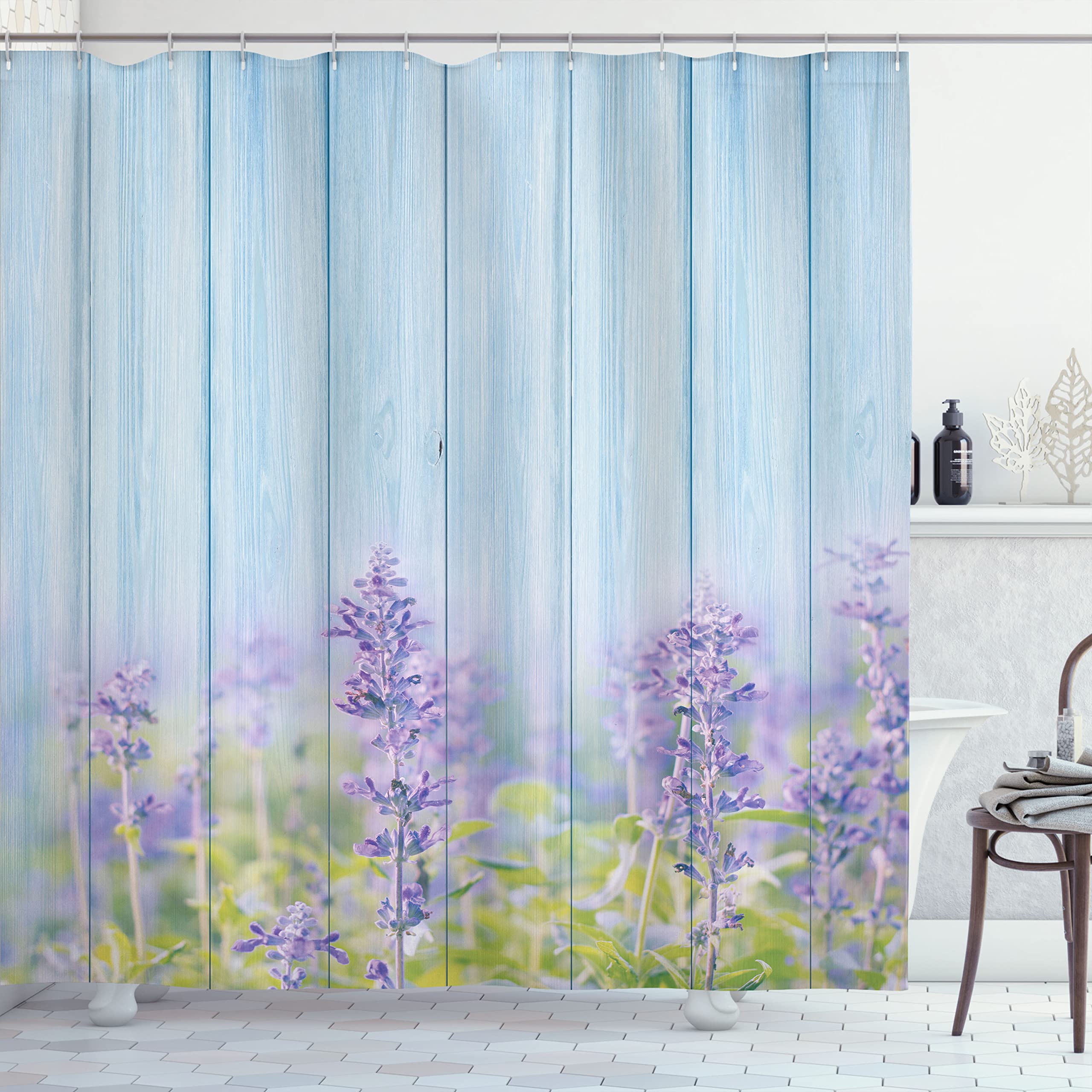 Ambesonne Floral Shower Curtain, Flourishing Lavender Flowers Florets Field Blooms Rural on Wooden Nature Picture, Cloth Fabric Bathroom Decor Set with Hooks, 69" W x 70" L, Lilac Blue