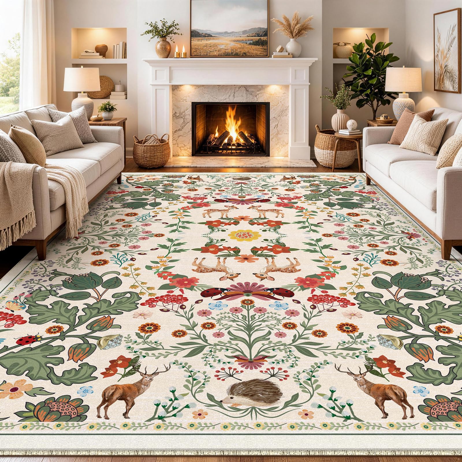 FVVRAX Rugs for Living Room 160×230 cm, Beige Large Washable Boho Bedroom Rug, Non-Slip Short Pile Indoor Animals Floral Floor Carpet for Dining Room, Nursery, Home Decor