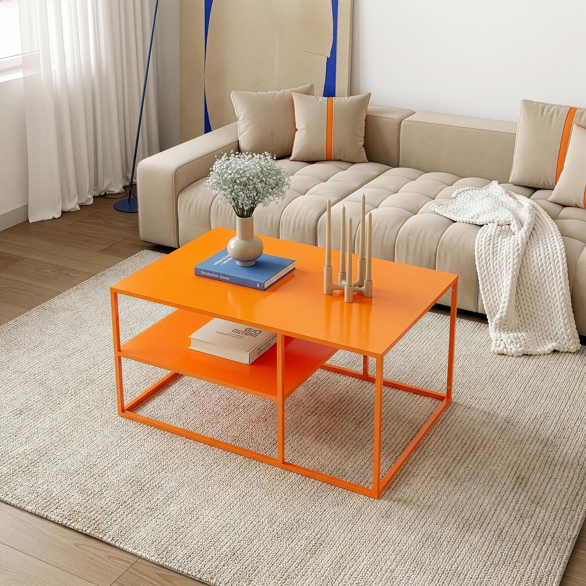[en.casa] Stolik kawowy Solund stolik pomocniczy metalowy pomarańczowy stół do salonu z miejscem do przechowywania 90 x 60 x 45 cm prostokątny stolik do sofy stolik kawowy