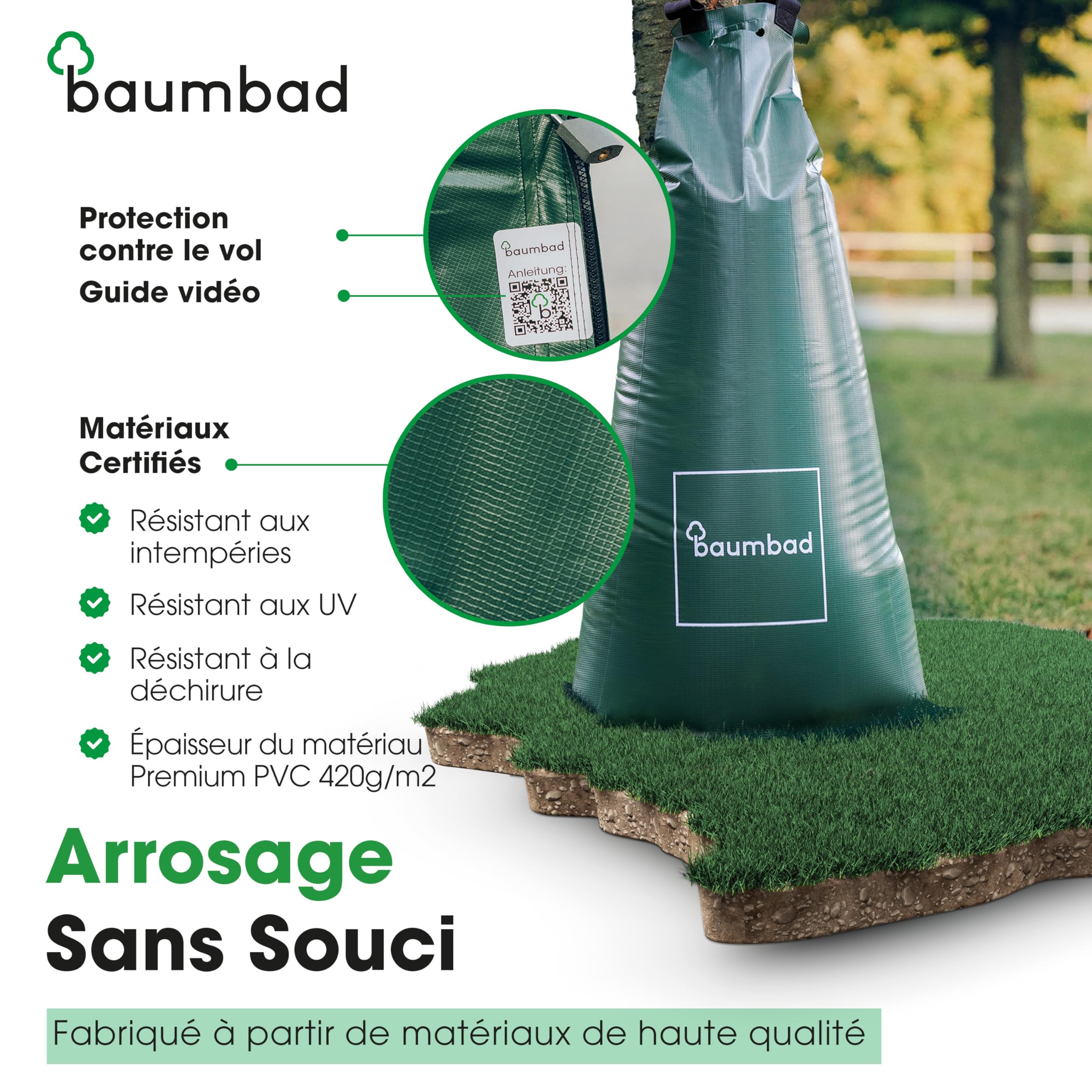 baumbad Lot de 10 Sacs d'arrosage de qualité supérieure - 100 l - en PVC résistant aux UV - Vert