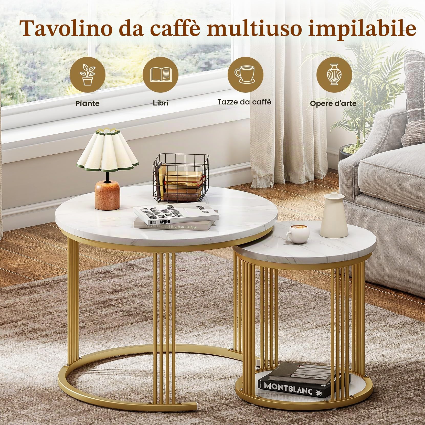 Dripex Set di 2 tavolini rotondi, con vano portaoggetti, telaio in metallo e piano in marmo, tavolino a forma di C per divano, camera da letto, ufficio, bianco