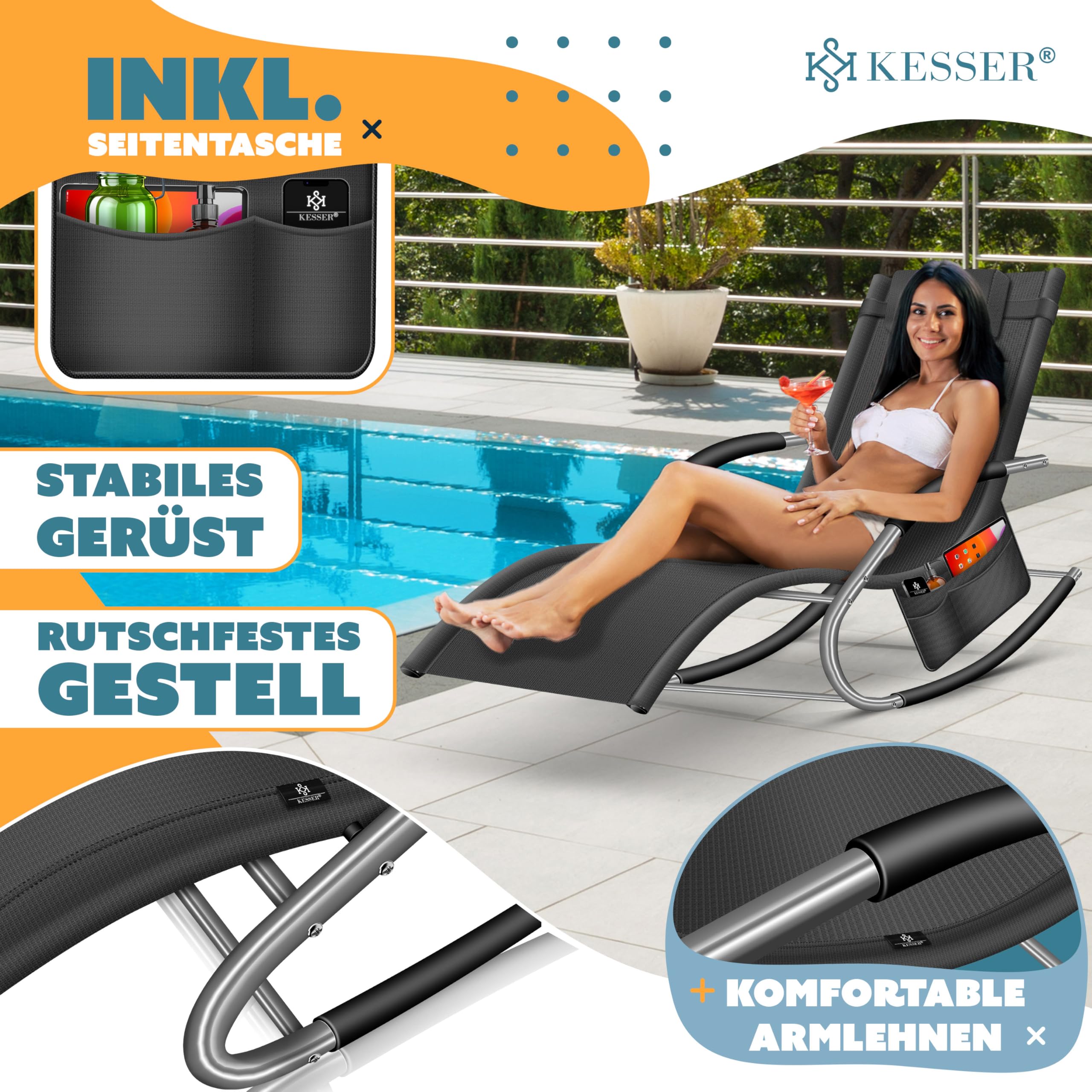 KESSER® Sonnenliege Relaxliege Schwungliege | Gartenliege | Gartenstuhl | Liegestuhl | Schaukelsessel | ergonomische Relaxsessel | Kopfkissen | wetterfest | 150 kg Belastung | Anthrazit