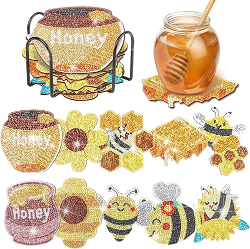 YLOLUL Juego de 10 posavasos de pintura de diamantes en forma de abeja, posavasos de pintura de diamantes con soporte para principiantes, adultos y