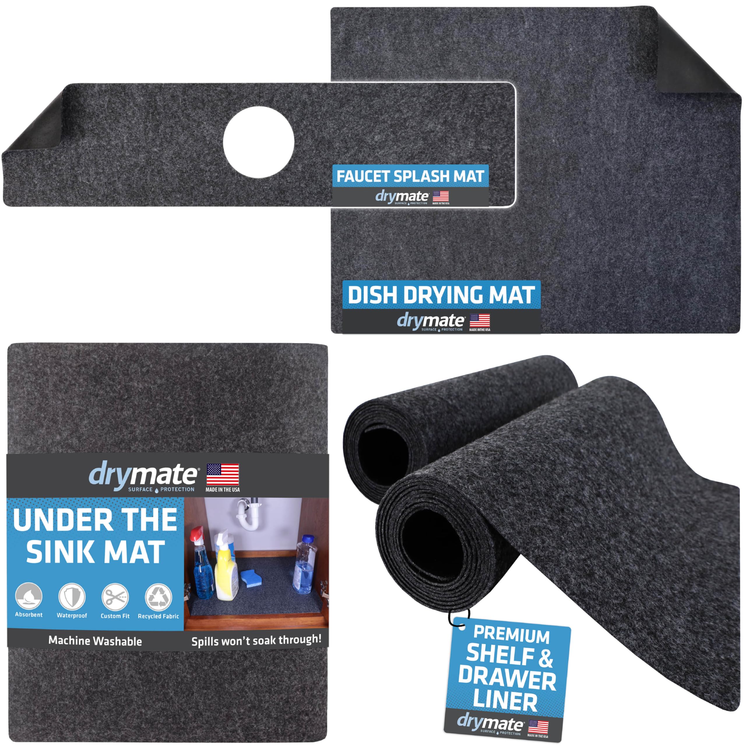 Drymate Shelf & Drawer Liners Size 11"x50" 2-Pack, XL Under Sink Mat Size 24"x59", Dish Drying Mat Size 19"x24" & Faucet Splash Mat 18" x 4.33", w/ 2.5" Hole, Charcoal Color, USA Made, 4 Item Bundle