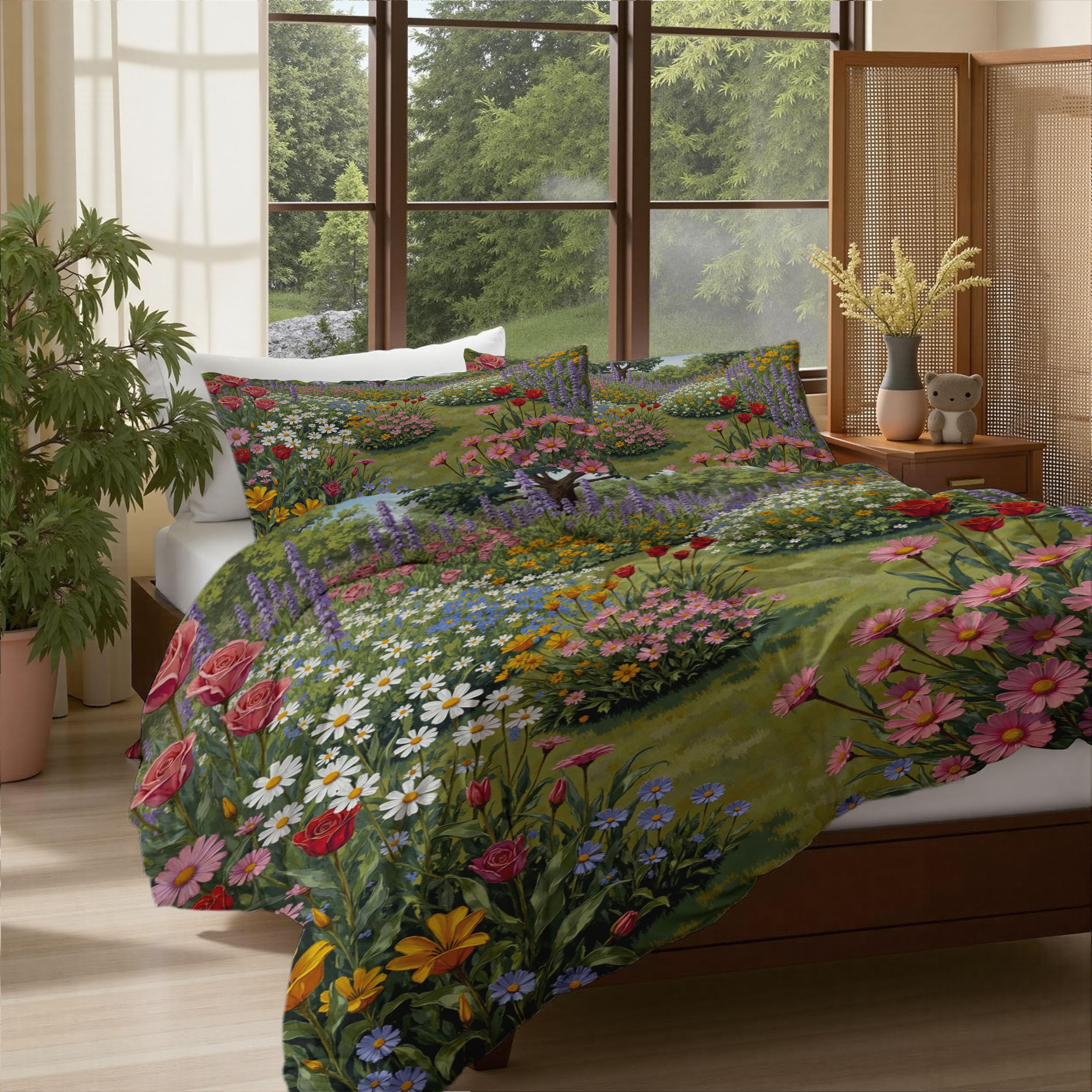 Housse de couette 140x200 fleurs impressionnistes rose et blanche avec sa taie d'oreiller assortie