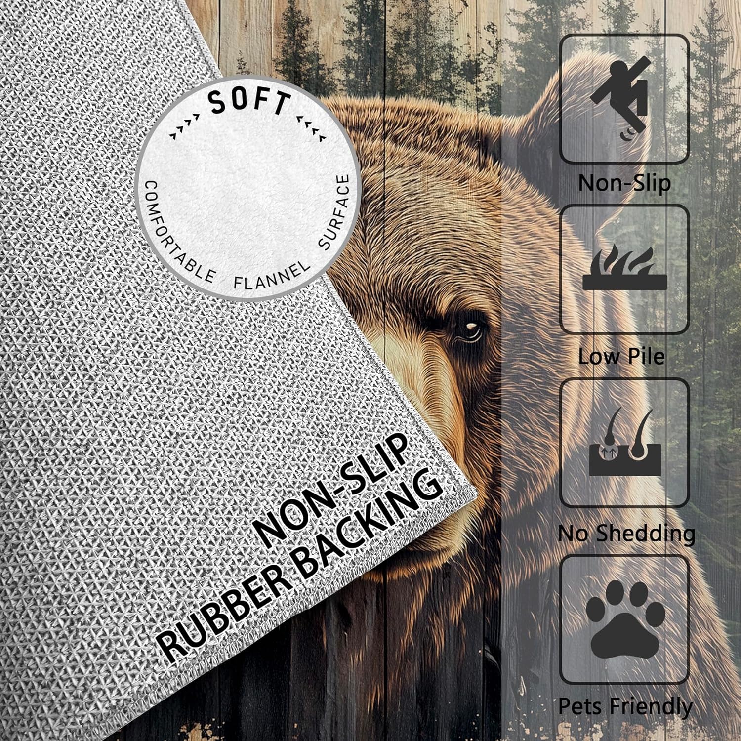 Brown Bear Rugs for Living Room - 2x3 ft, Wildlife Rug, Forest Cabin Animal Area Rug, Wild Animal Washable Door Mat for Entryway, Kitchen, Lodge Bear Home Decor & Gifts