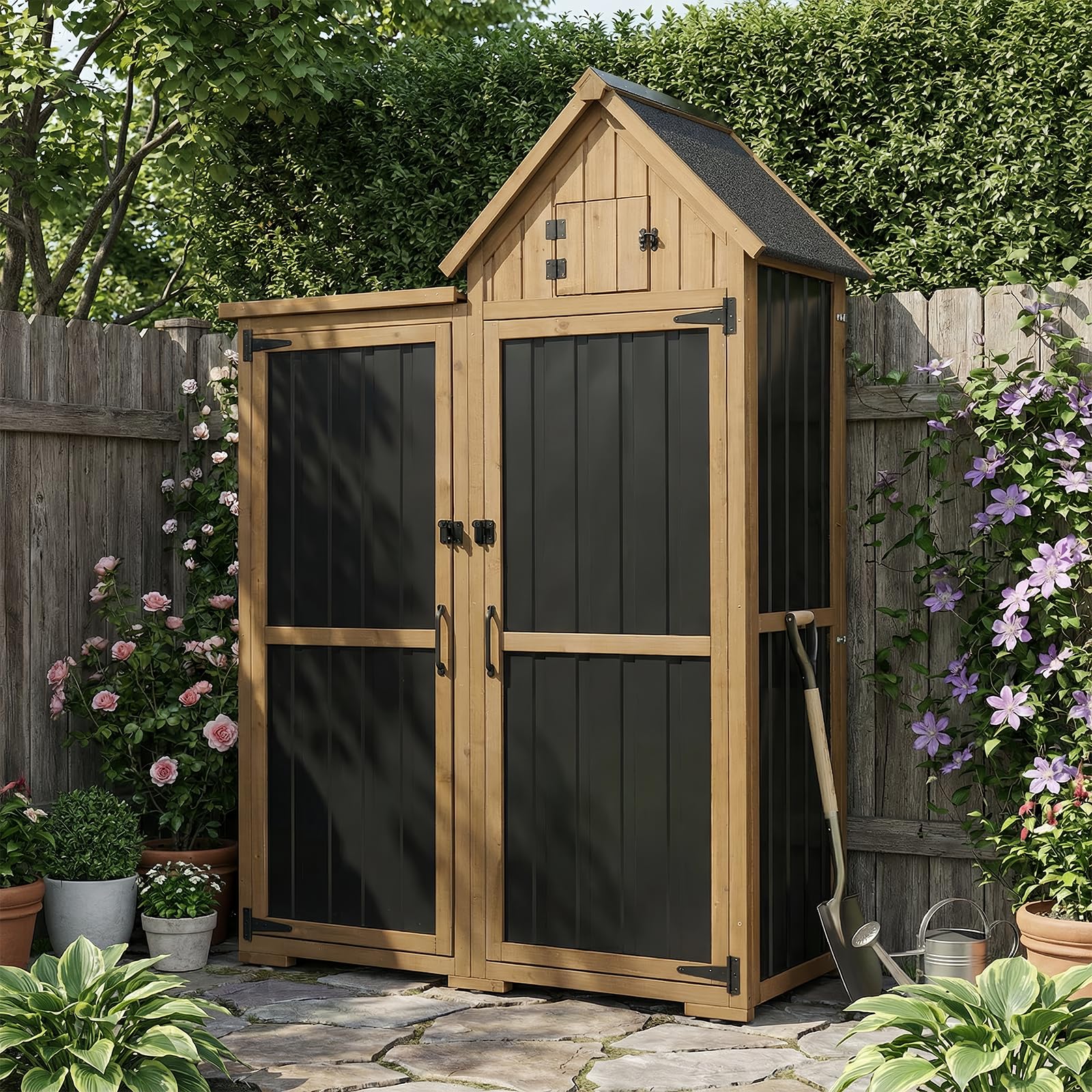 PetsCosset Outdoor Storage Cabinet Wood &amp; Metal Garden Shed with Lockable Doors, 3 Adjustable Shelves, Weatherproof Patio Backyard Storage for Tools &amp; Garden Supplies