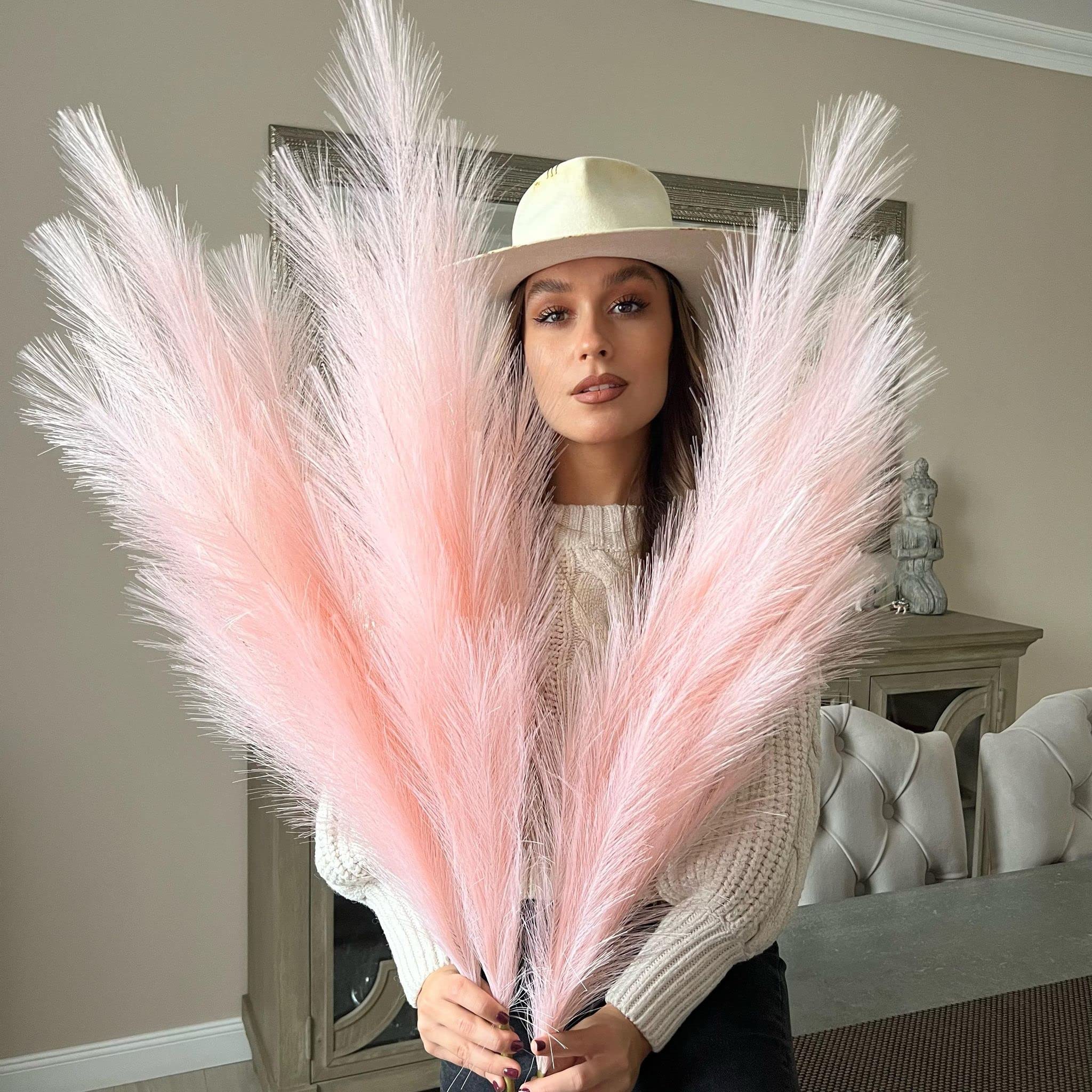 Extra Large Tall Light Baby Pink Fake Faux Artificial Pampas Grass Large Fluffy x3 115cm Stems x18 Decorative Artificial Flora Feathers For Floor Vases Tall Plant Flowers Long Pampas Grass
