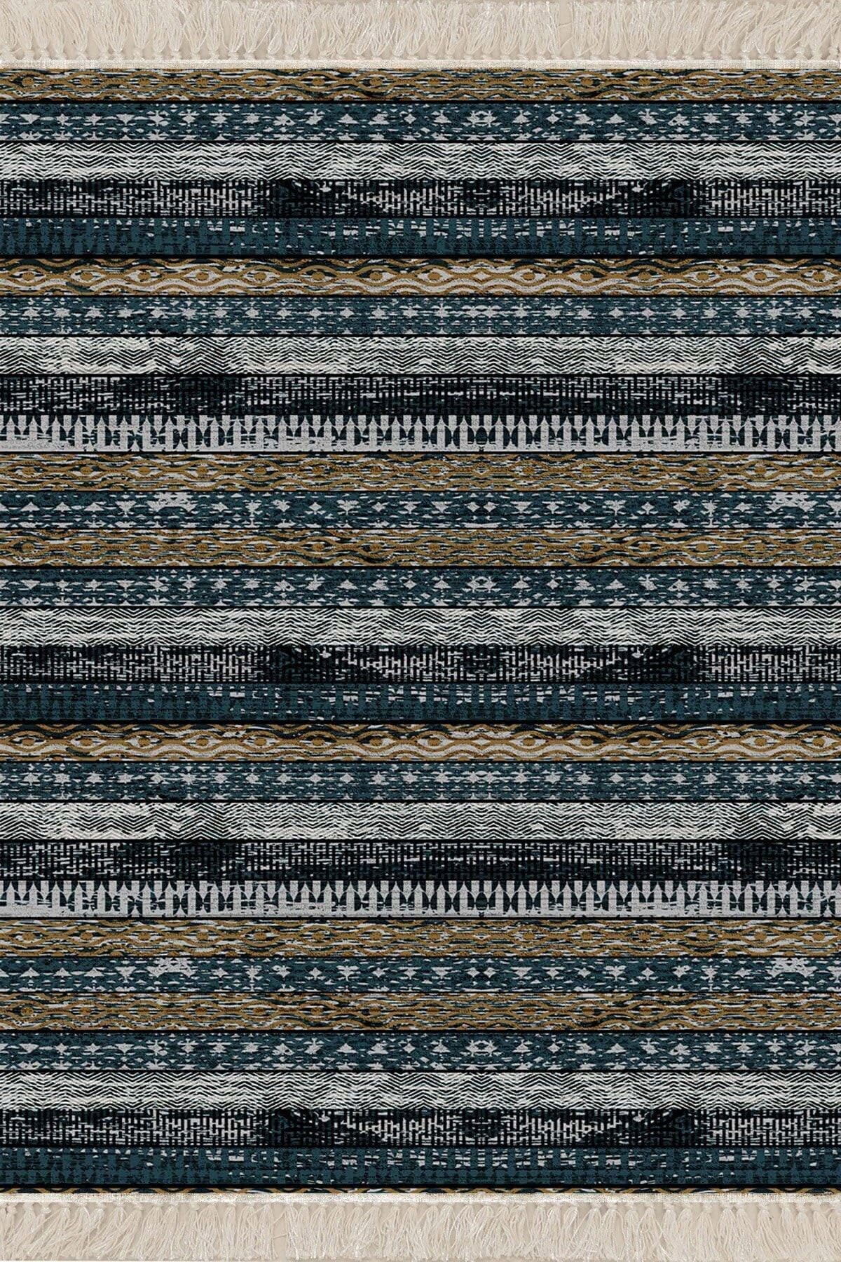 Pelangi Kilim Desenli Etnik Dijital Baskı Yıkanabilir Kaymaz Taban Modern Salon Halı ve Yolluk, Haki-İndigo 120 x 160
