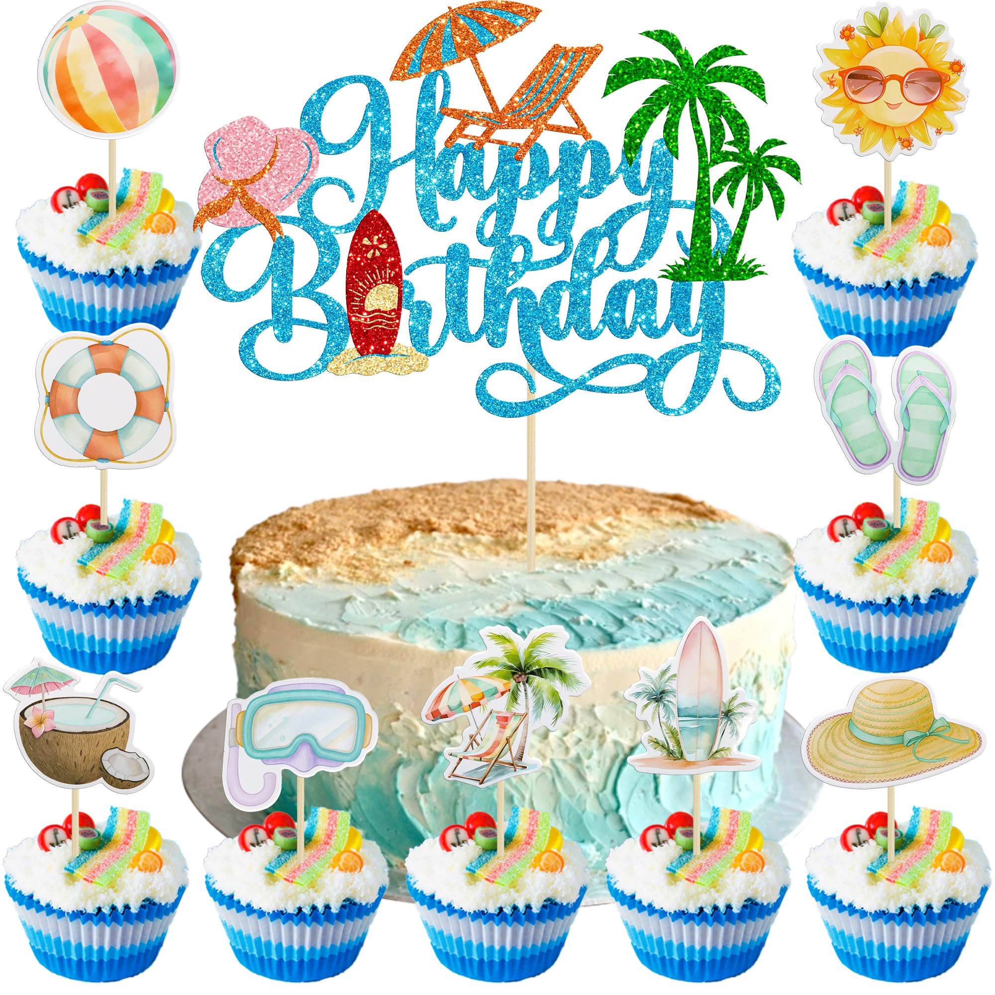 Gyufise 37Pcs Summer Beach Pool Cupcake Toppers Glitter Beach Happy Birthday Cake Topper Ball Sun Umbrella Water Gun Cupcake Picks for Tropical Hawaii Theme Birthday Party Decorations Supplies Blue