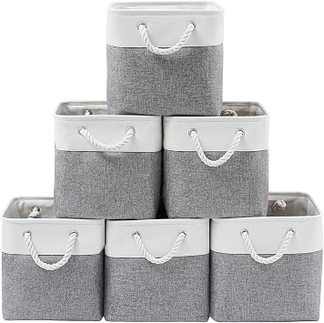 33 x 33 x 33 cm Cube Storage Boxes, 6 Pack Large Collapsible Fabric Storage Bin with Ropes, Foldable Cube Baskets for Kallax, Office,Closet, Clothes, Toys Organizer White & Grey