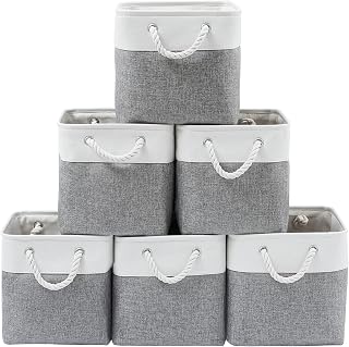 MidmmVick 13 x 13 Inch Cube Storage Bins, 6 Pack Extra Large Collapsible Fabric Storage Bin with Ropes, Foldable Storage Cubes for Home (White & Grey-13"x13"x13")