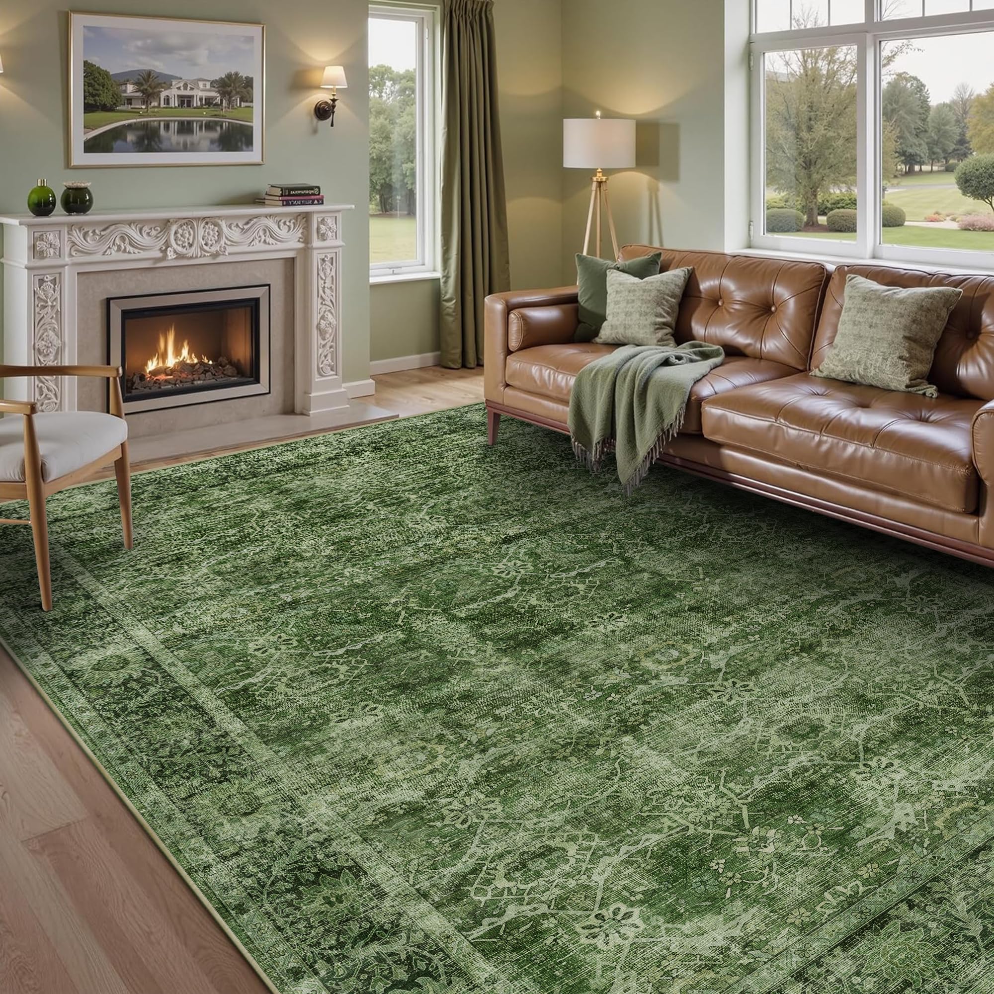 8x10 Washable Area Rug Vintage Green Rug for Living Room Bedroom Low Pile Soft Non-Slip Boho Rug for
