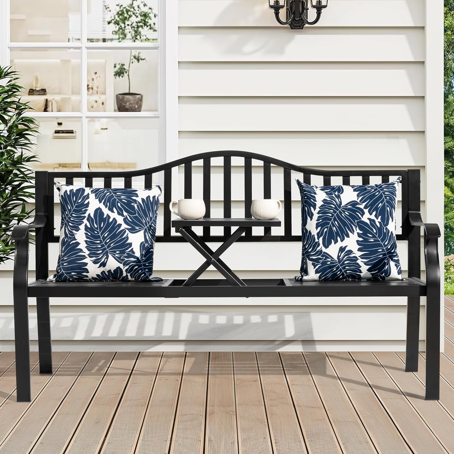NUU GARDEN Outdoor Garden Bench with Built-in Small Table, E-Coated Metal Patio Bench for Porch, Lawn, Yard, Garden, Poolside, Black