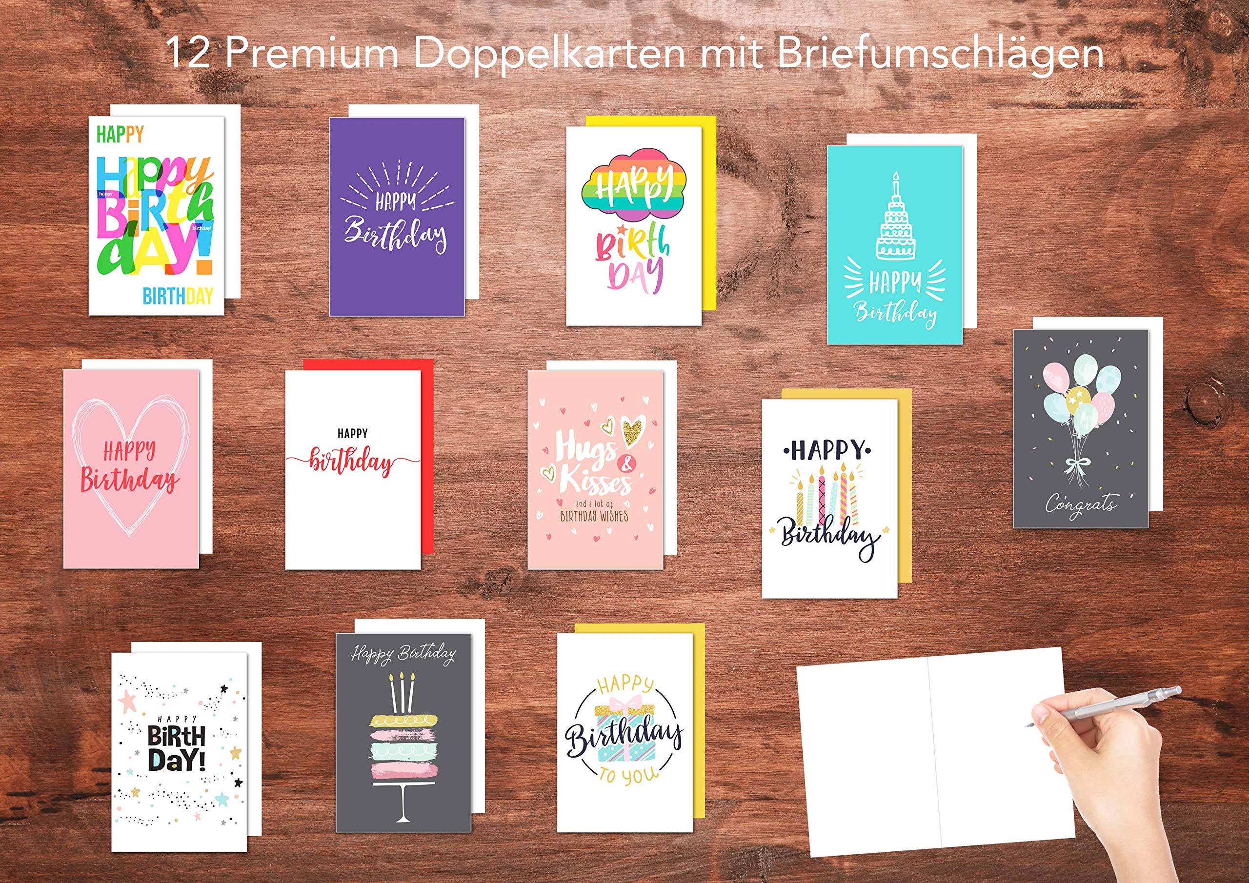 Juego De 12 Tarjetas De Cumpleaños Edition Seidel - Diseño Premium, Sin Texto Interior - Con Sobres A Juego - Tamaño 11.5x17 Cm