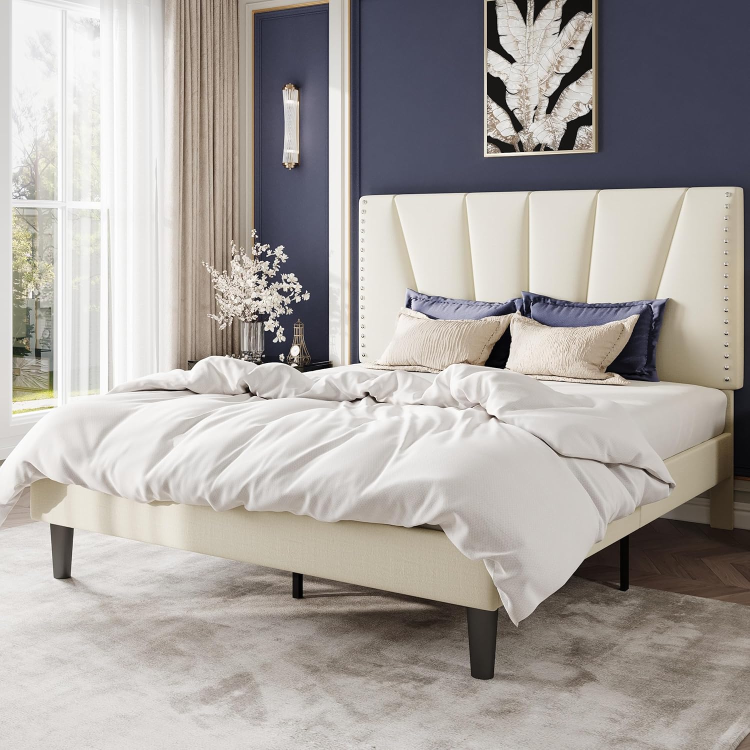 SHA CERLIN Queen Size Bed Frame with Adjustable Upholstered Velvet Rivets Headboard, Sturdy Wooden Slats, Strong Platform Support for Mattress, No Box Spring Needed, Easy Assembly, Cream